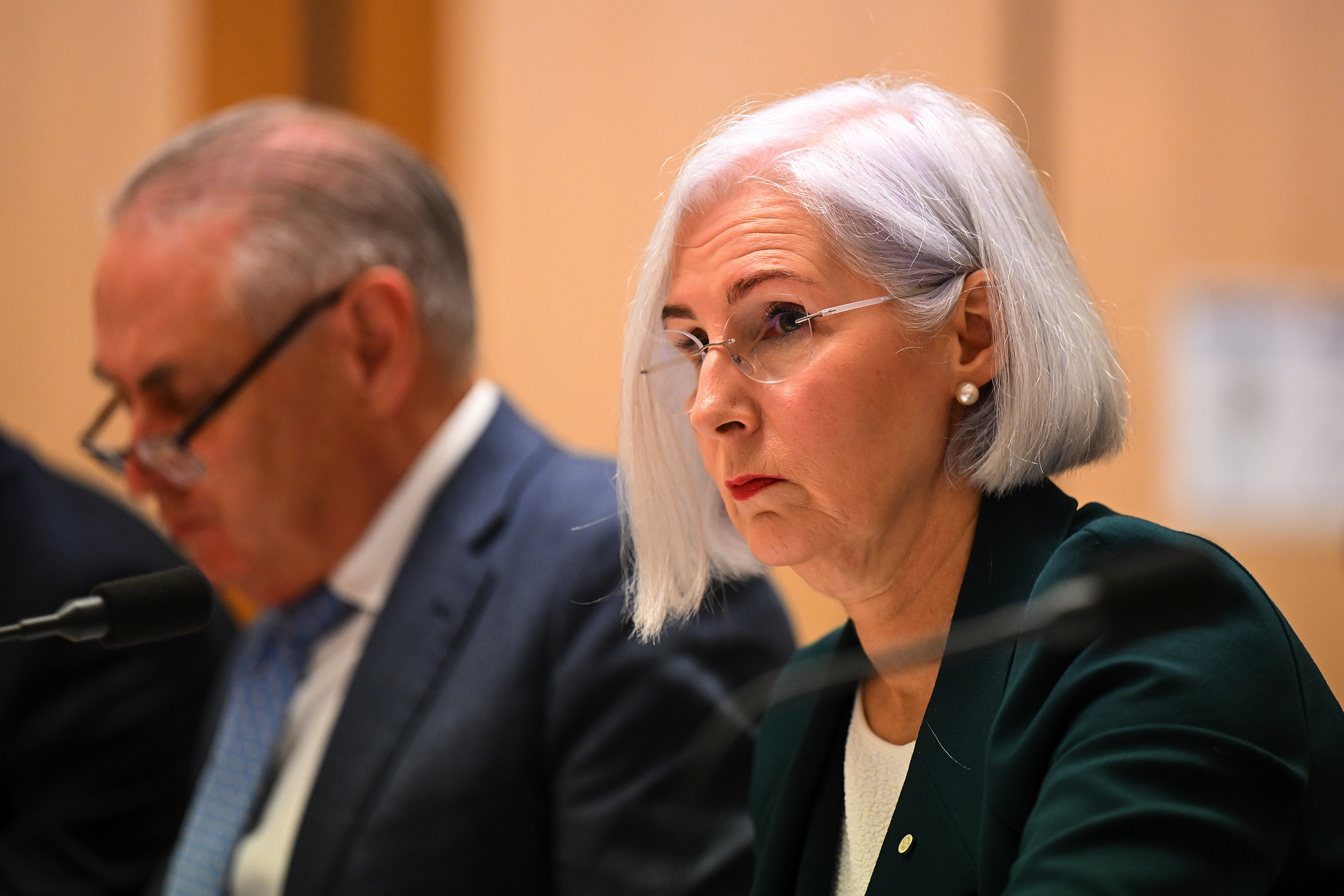 A woman with grey hair and wearing a green blazer sits beside a microphone.