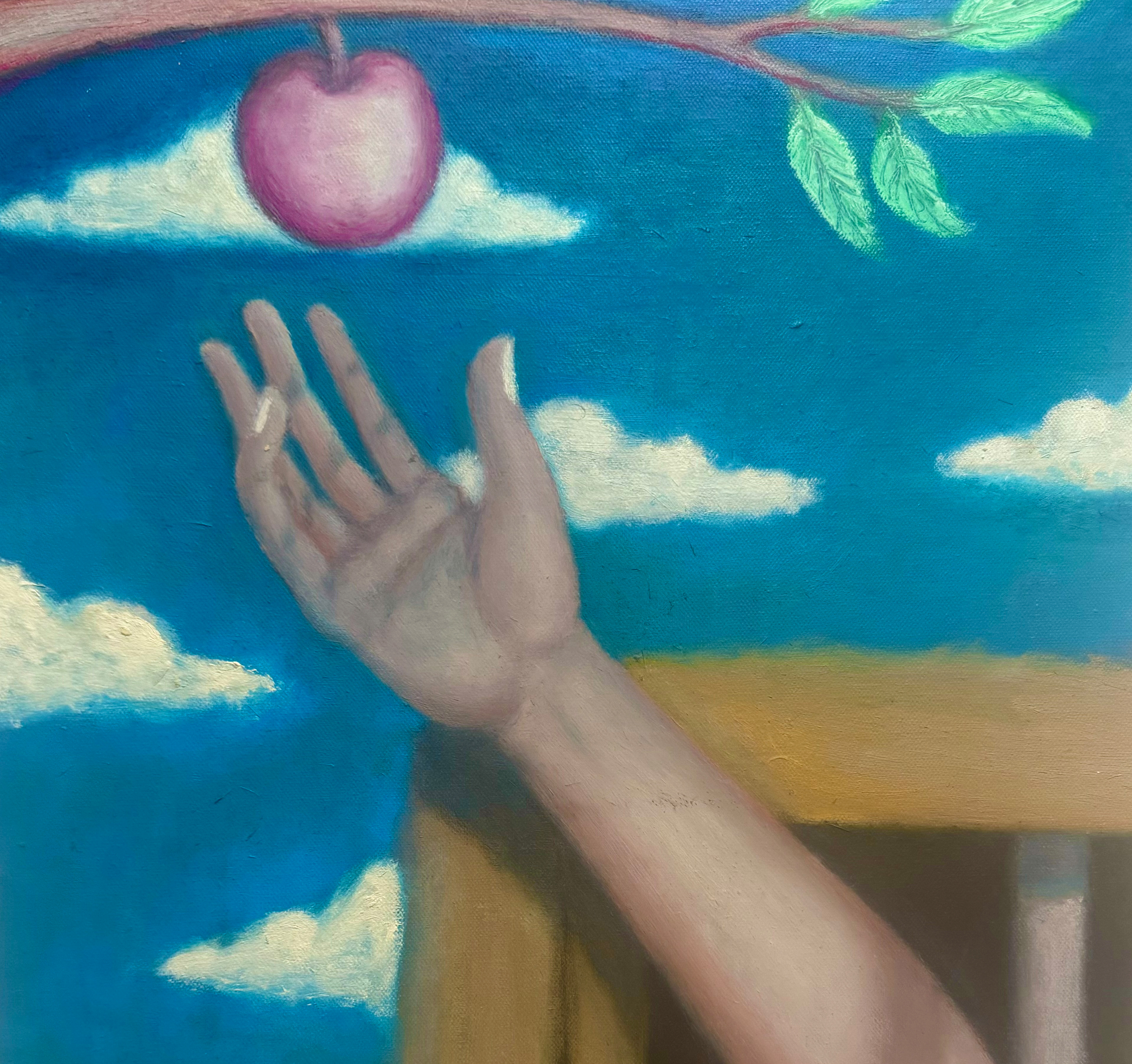 A painting of a hand reaching for an apple on the branch.