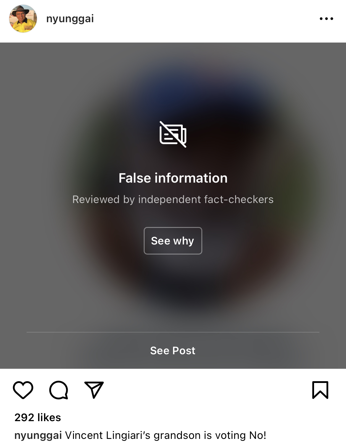 A screenshot of an Instagram slide flagged as false information.