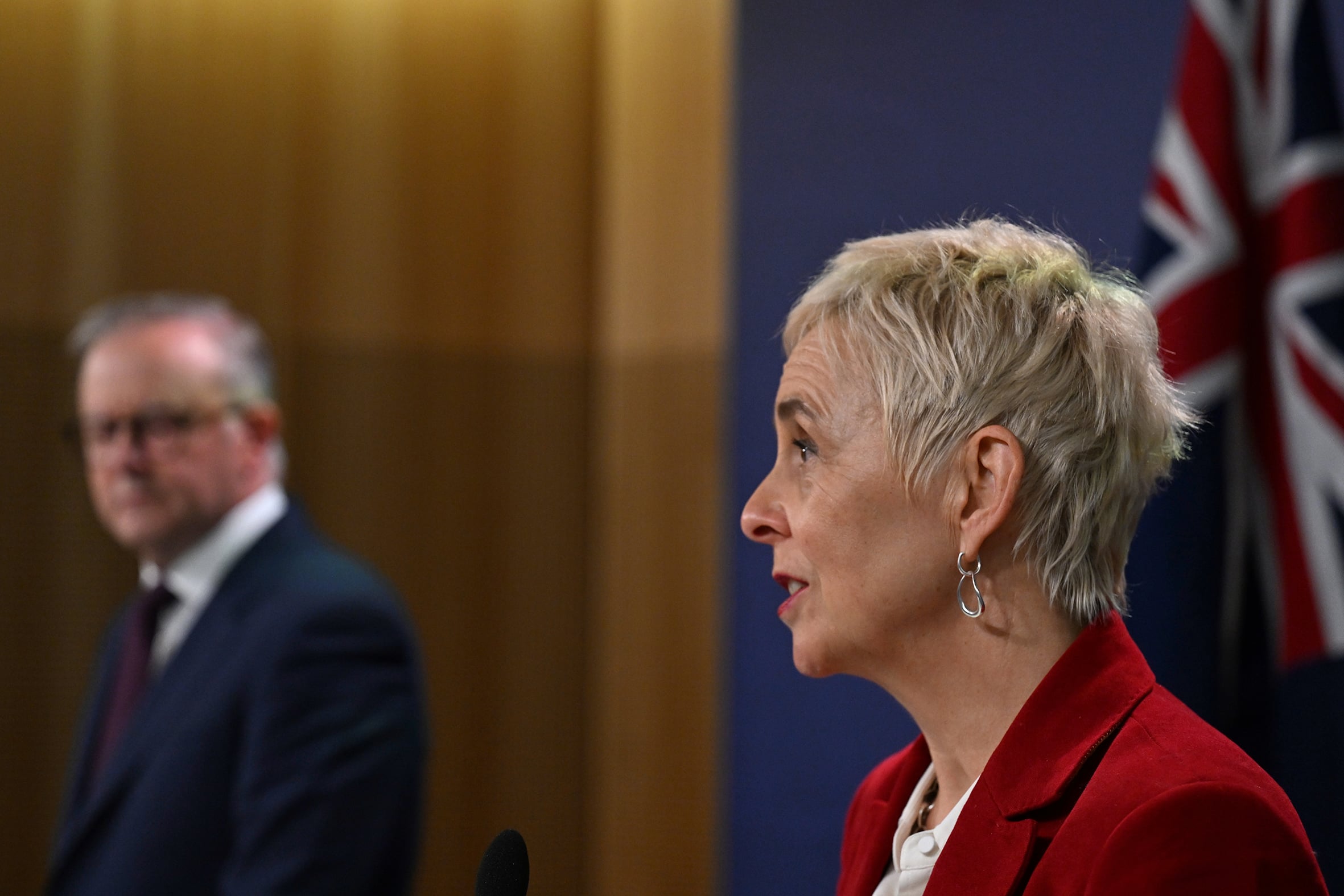 Anthony Albanese and Micaela Cronin speak at a press conference.