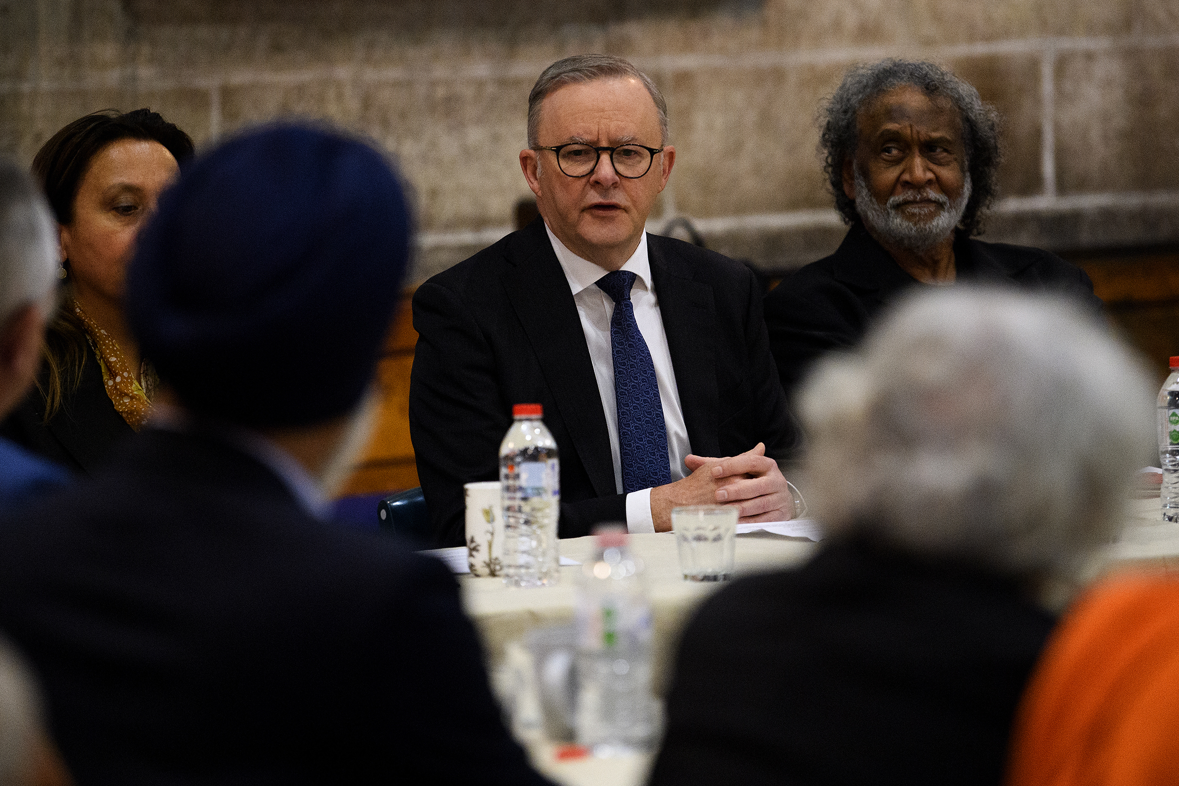 Anthony Albanese speaks at a roundtable. 