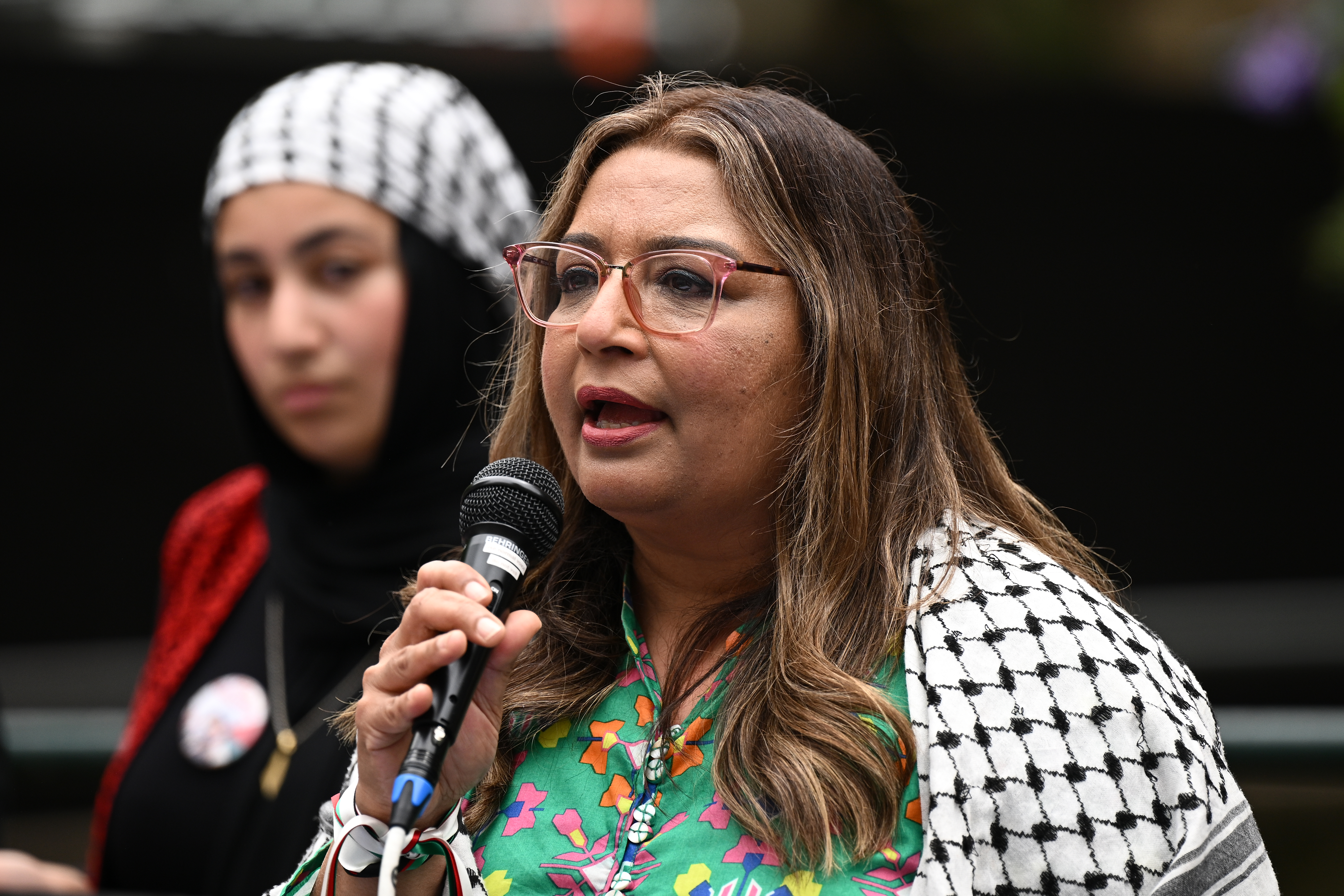 Greens Senator Mehreen Faruqi addresses pro-Palestinian protesters. 