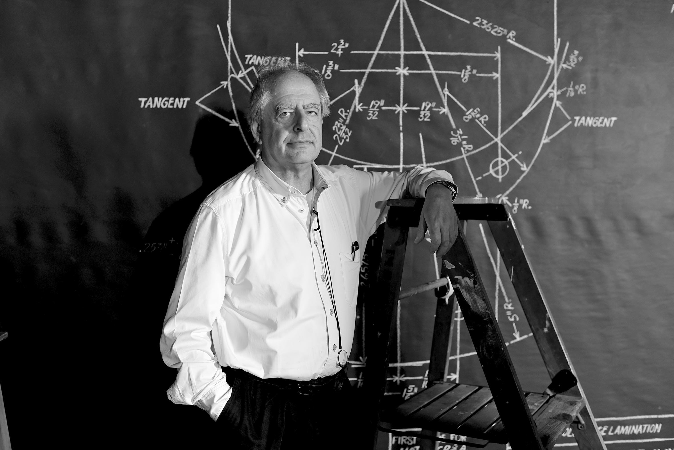 A balding man in a white shirt with his arm resting over a ladder. Behind him a chalkboard with a maths equation.