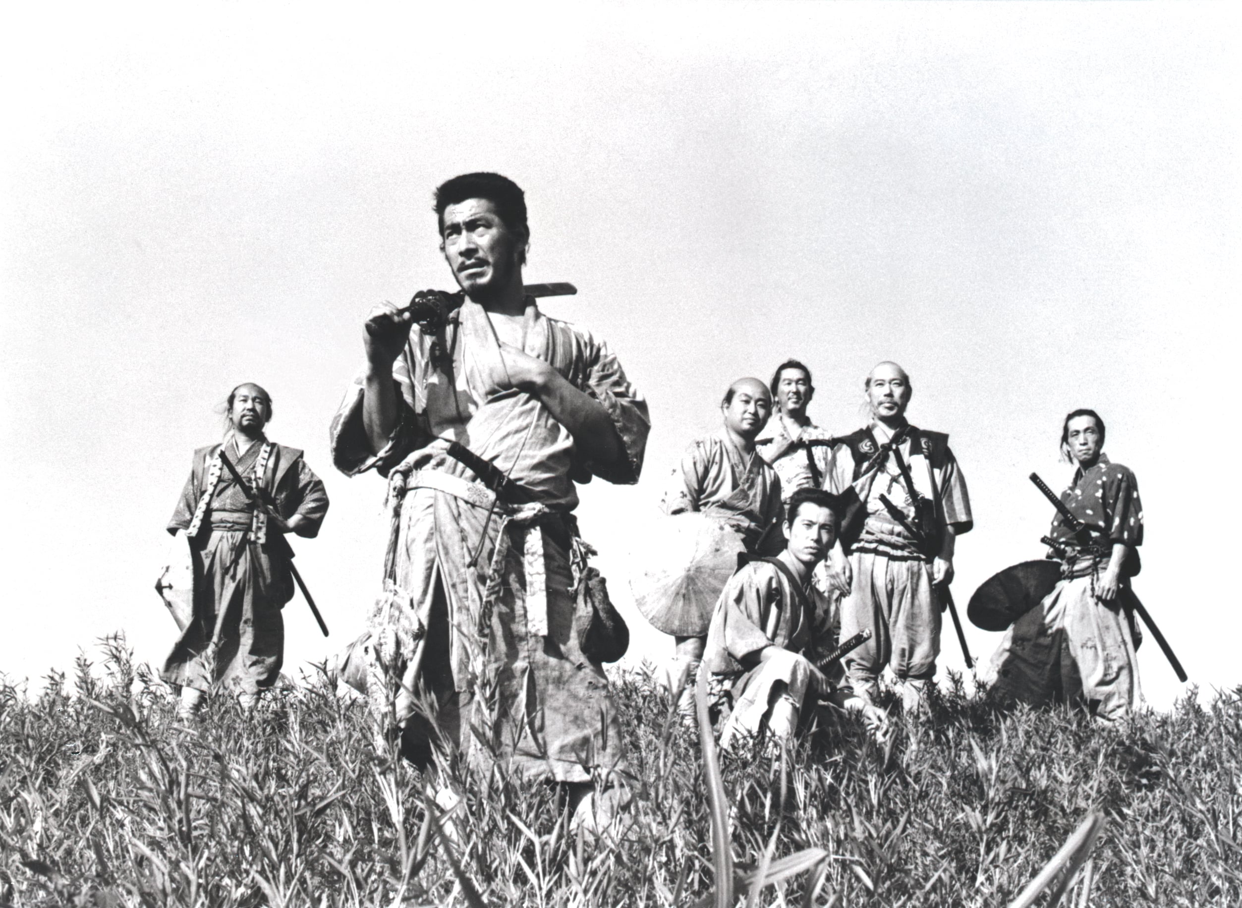Seven Samarai stand in a field.