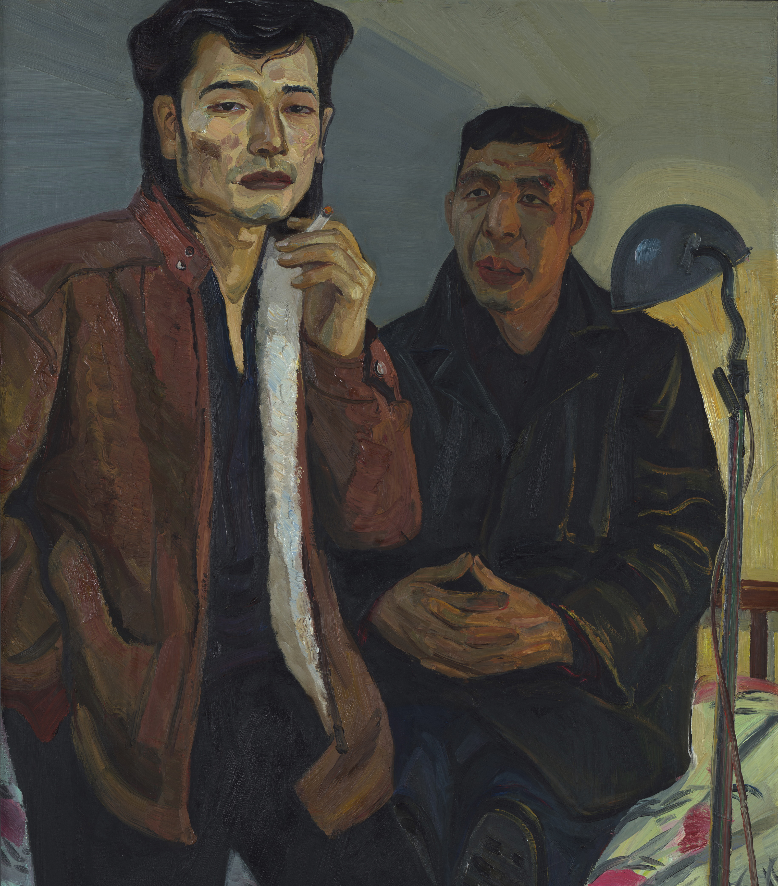 Painting of a man with dark hair smoking a cigarette in a bedroom. Another man watches from the bed behind him.