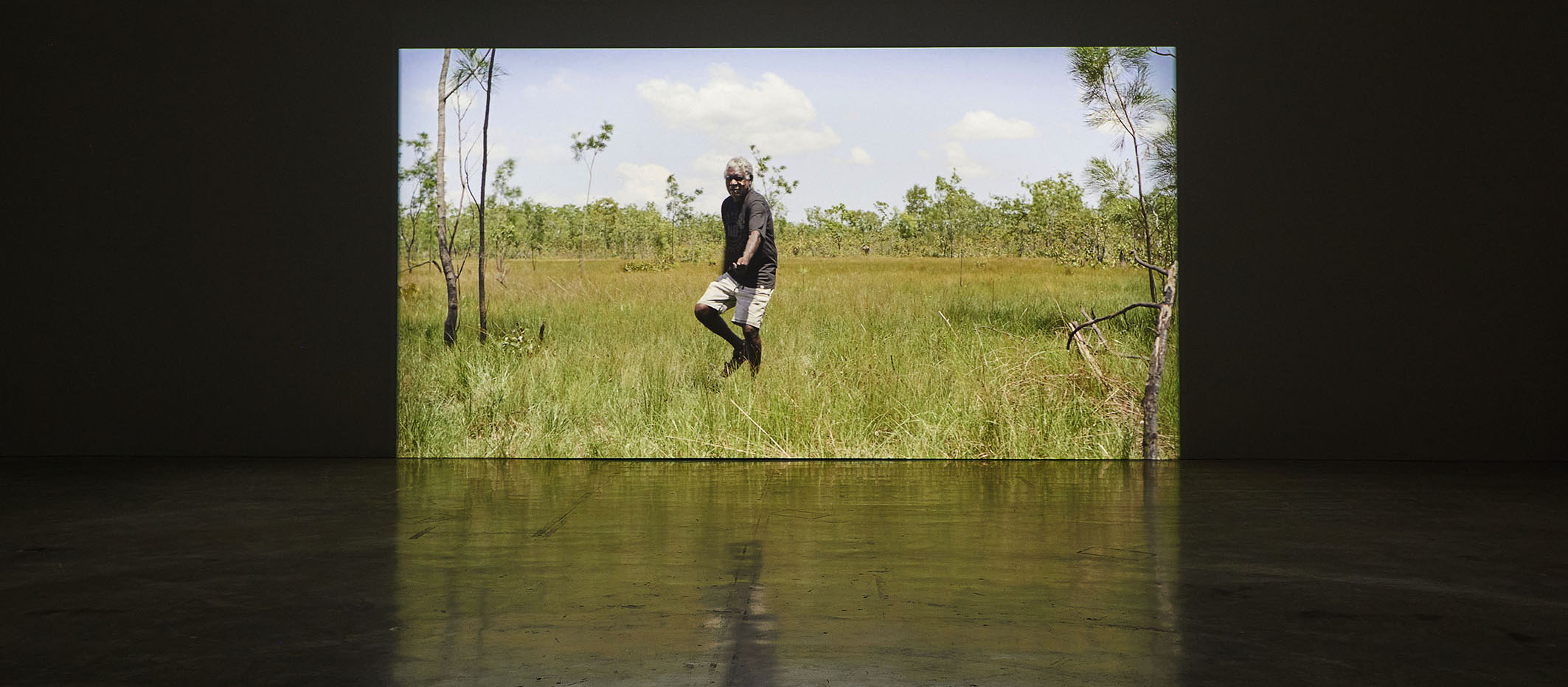 A video projection displays a man walking through bushland.