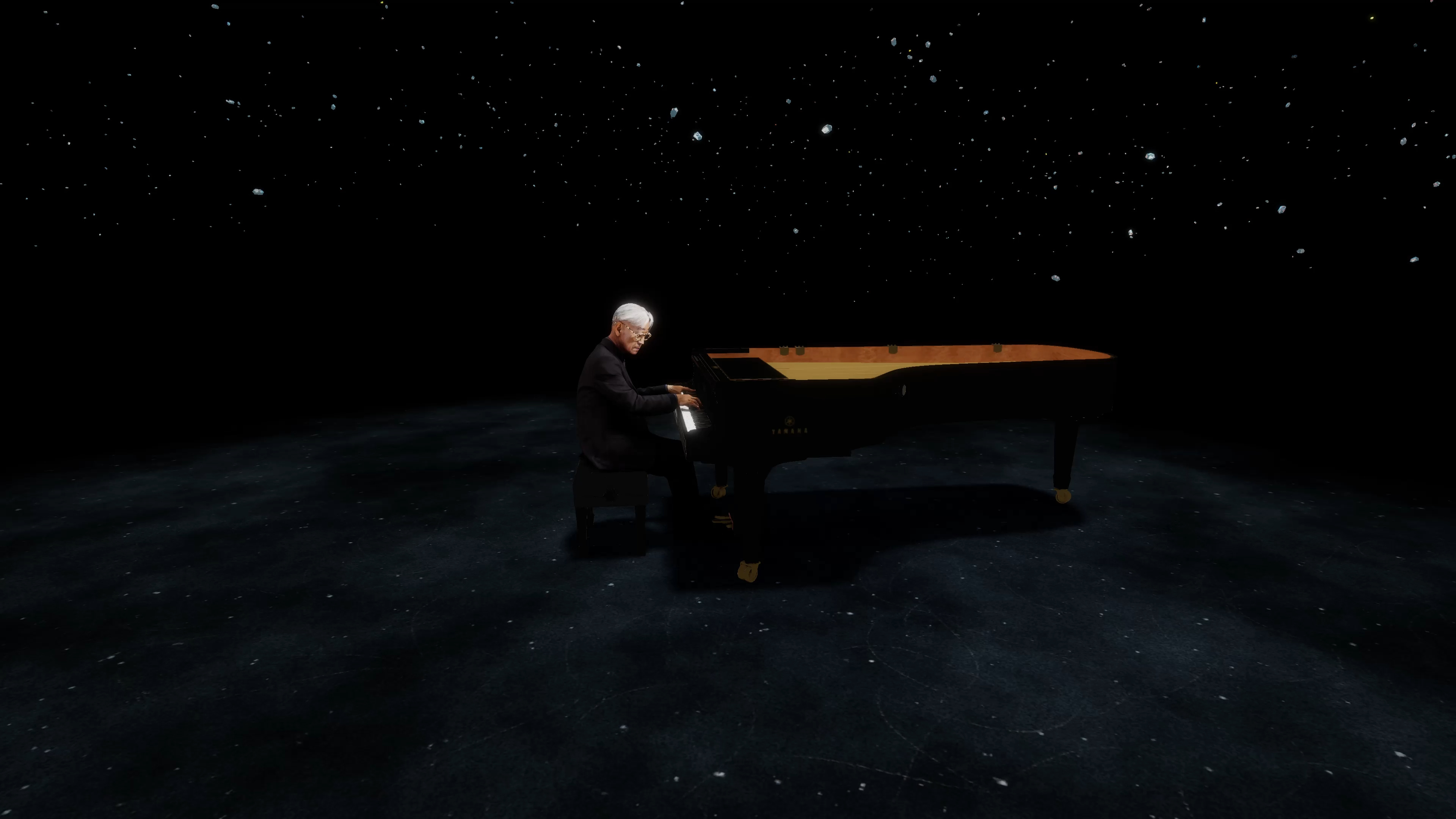 A virtual Ryuichi Sakamoto performs at a piano.