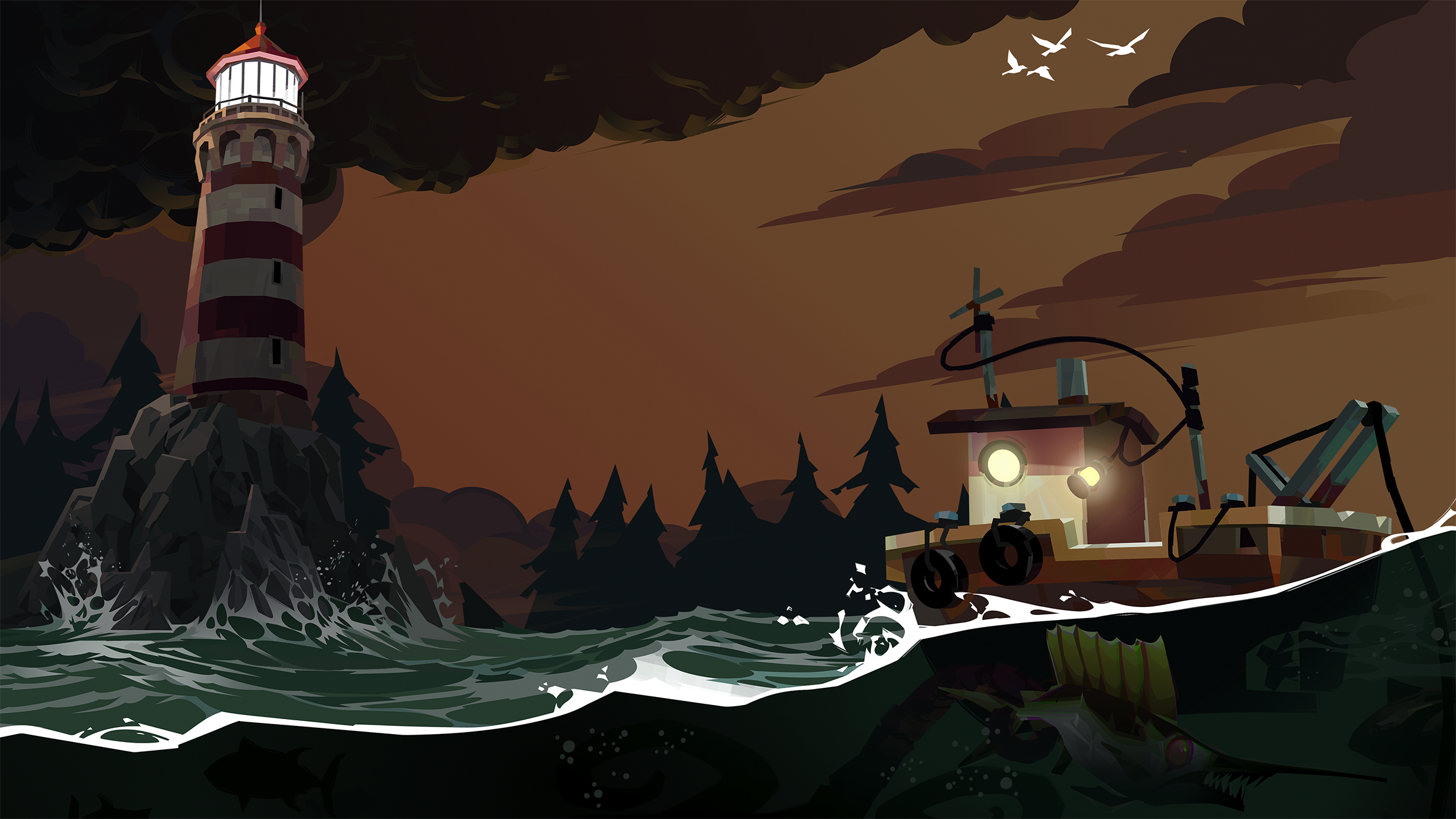 Graphic of a small boat in the water under stormy clouds. It floats near a cliff with a lighthouse above.