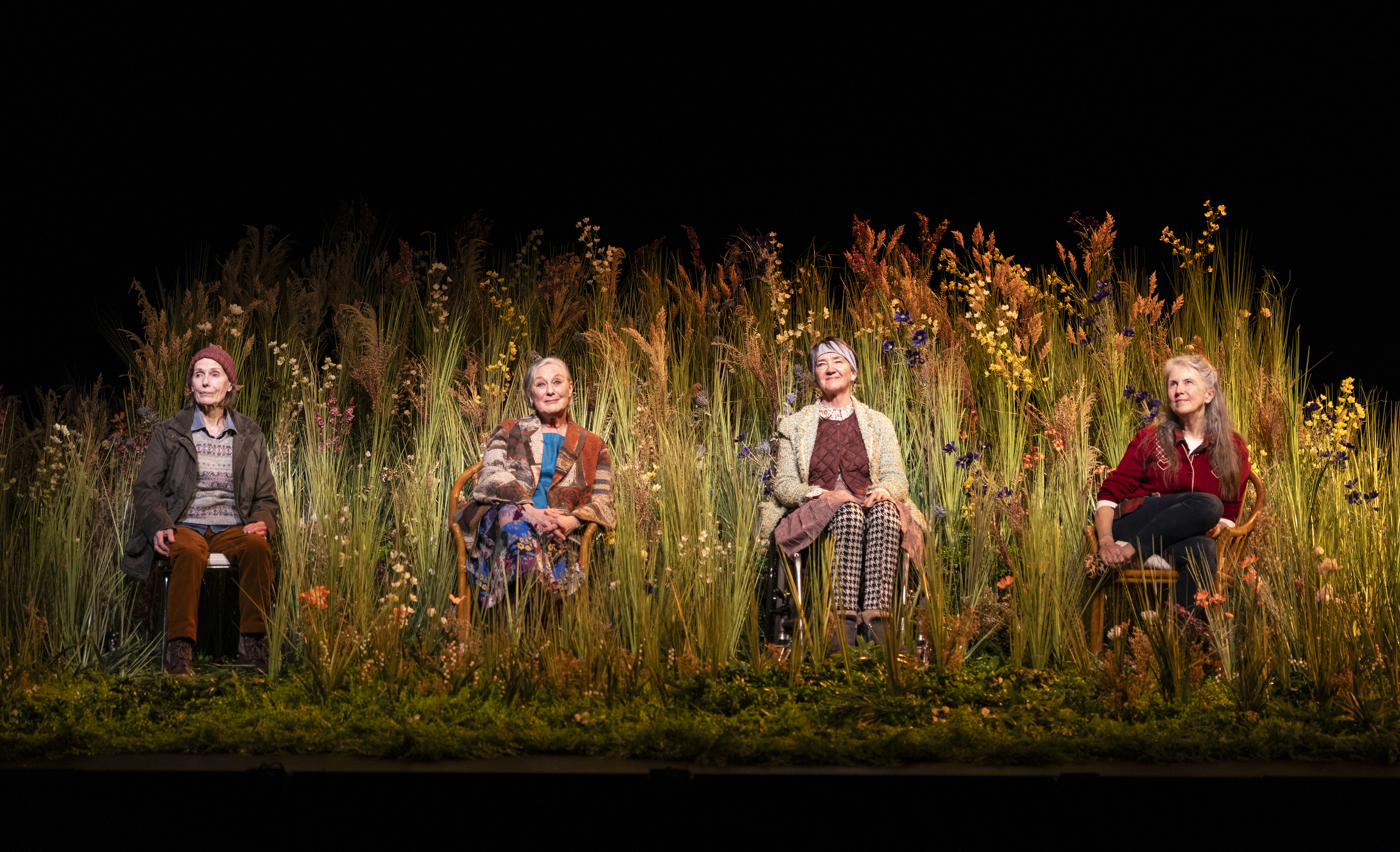 Four performers sit in chairs on stage and amongst long grass.