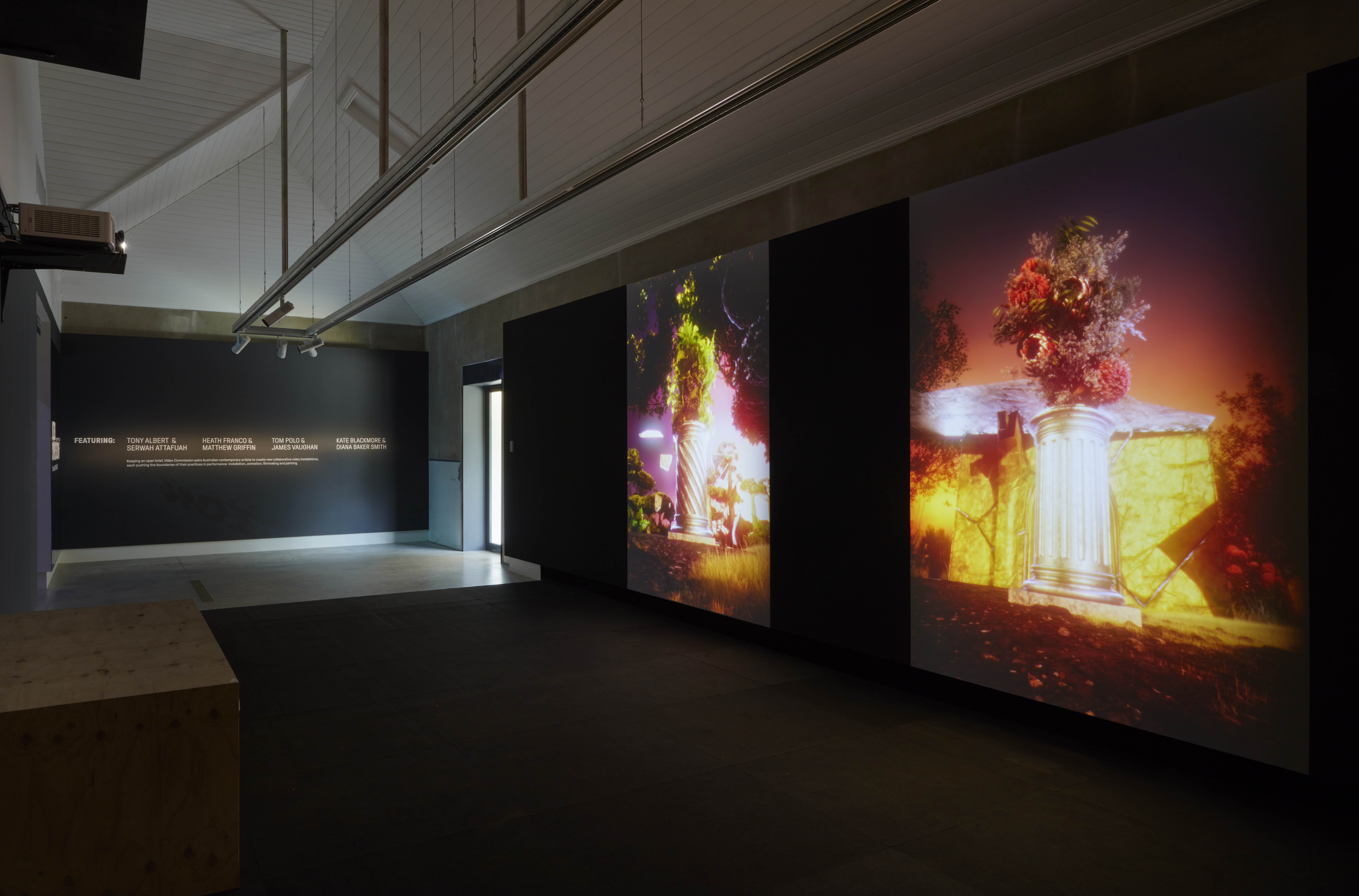 Two video projections displayed on the black wall of an art gallery, which depict pillars illuminated in the night with flowers spurting from the tops.