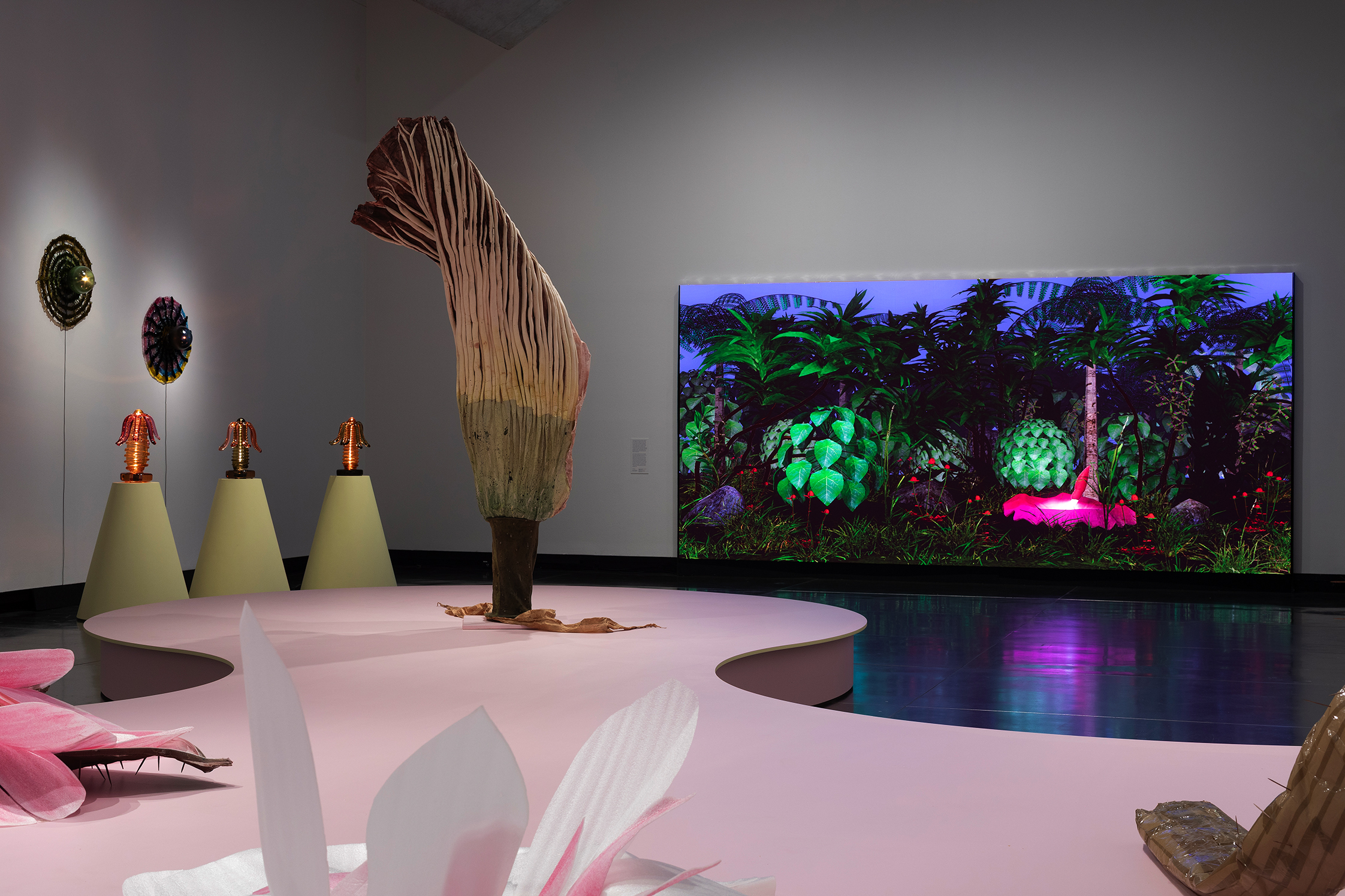 An installation from A velvet ant, a flower and a bird.
