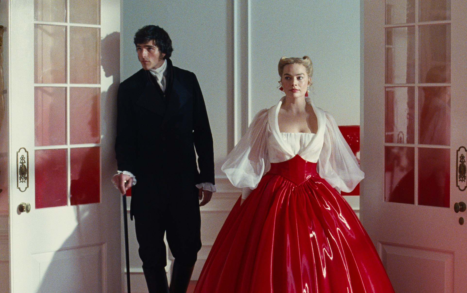 Jacob Elordi and Margot Robbie in a scene from “Wuthering Heights”.