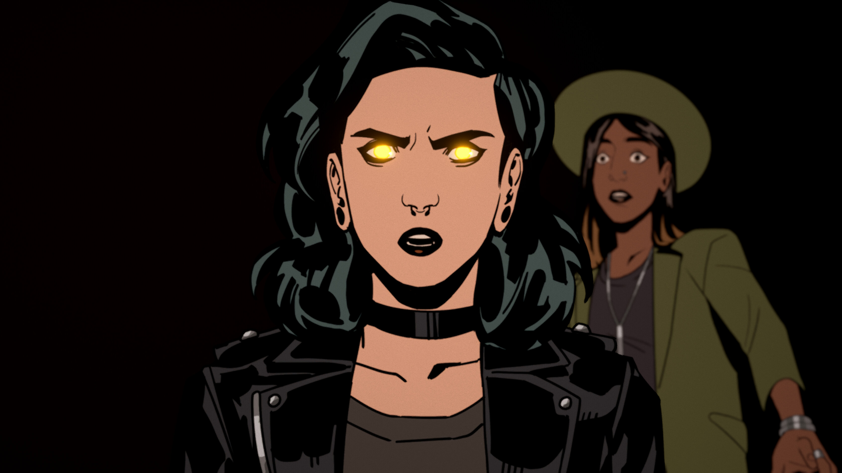Animation of a woman with black hair and bright yellow eyes.