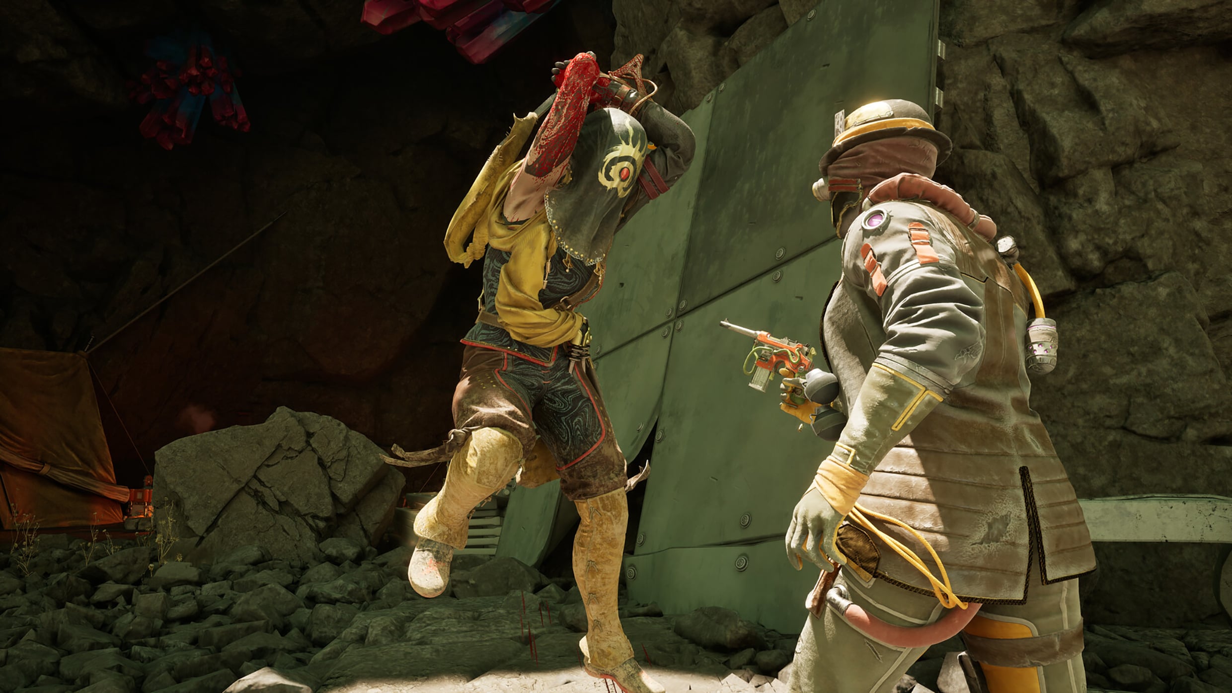Two characters from The Outer Worlds 2 in combat.