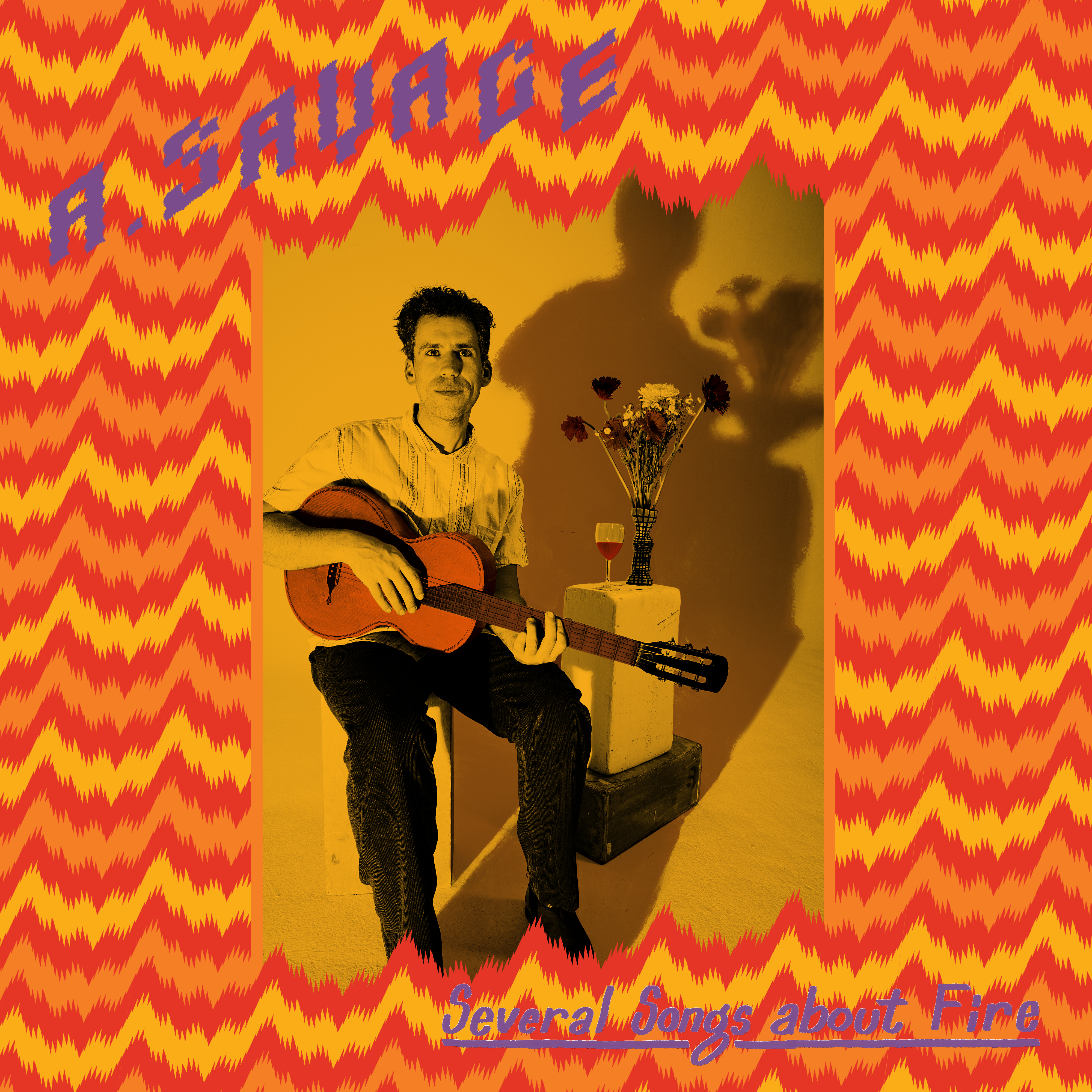 Album cover: A man sits with an acoustic guitar and red wine and flowers beside him.