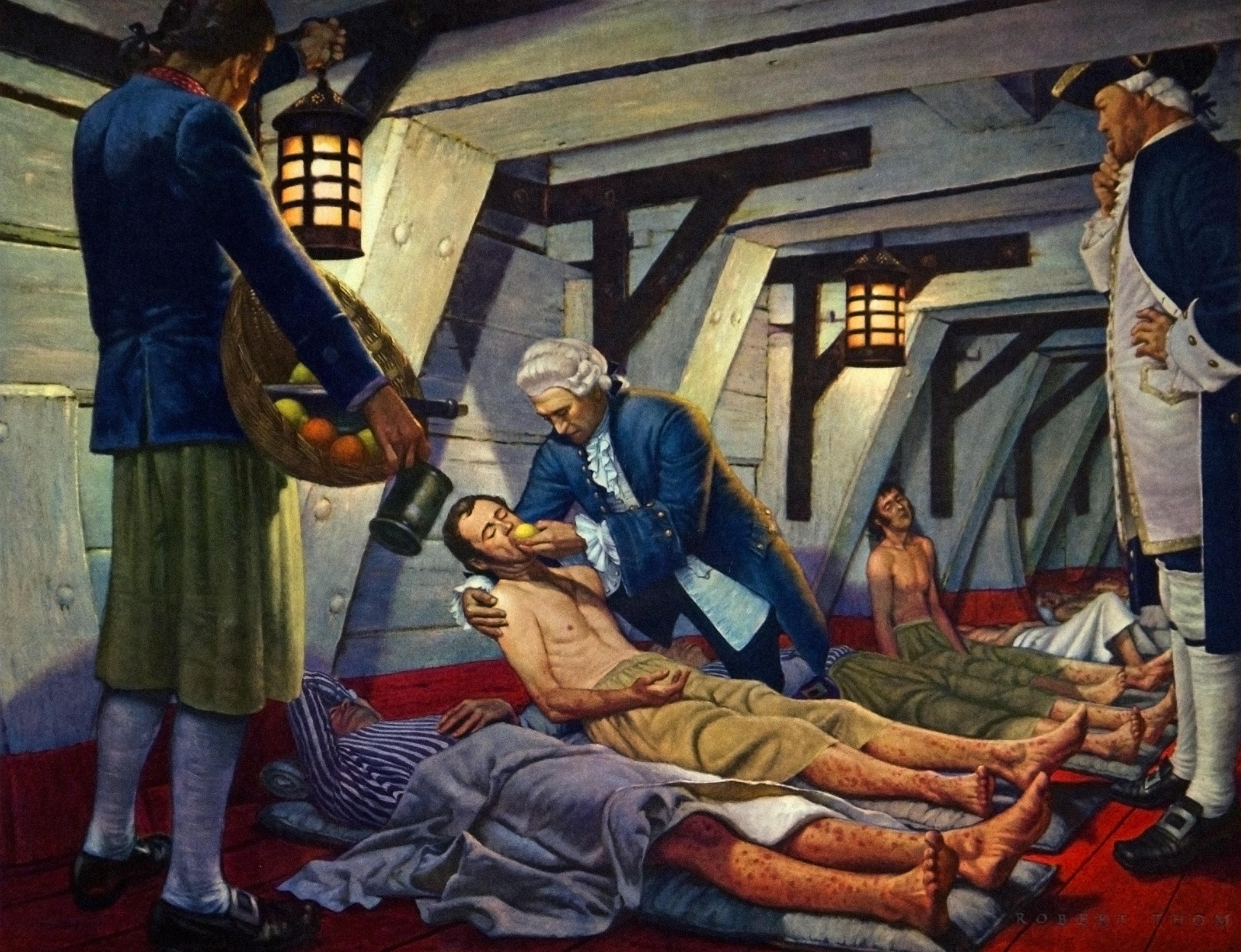A sick man in a bowel of a ship is fed an orange by physician James Lind.