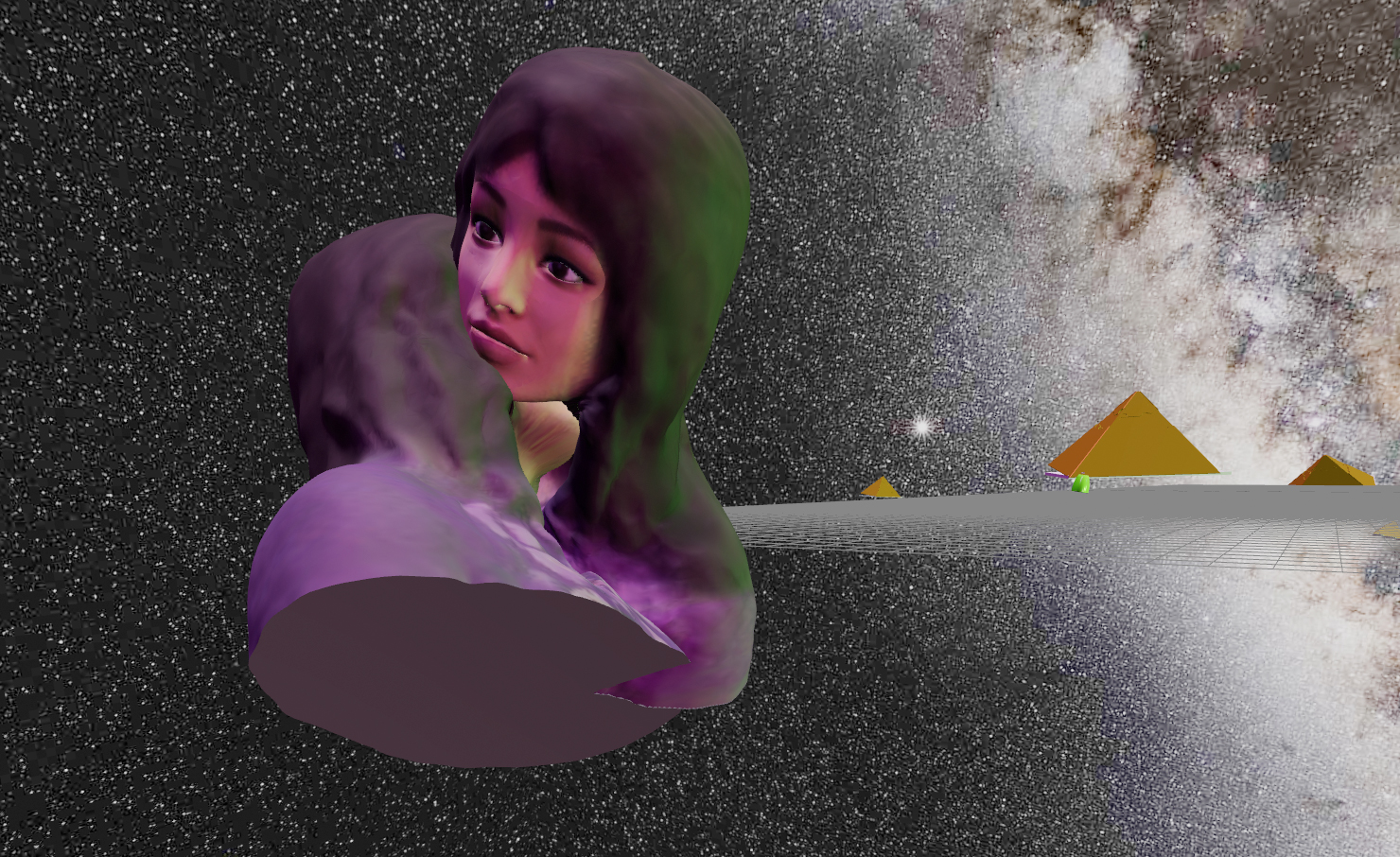A computer game character spinning toward a starry night with a galaxy and floating pyramids behind them.