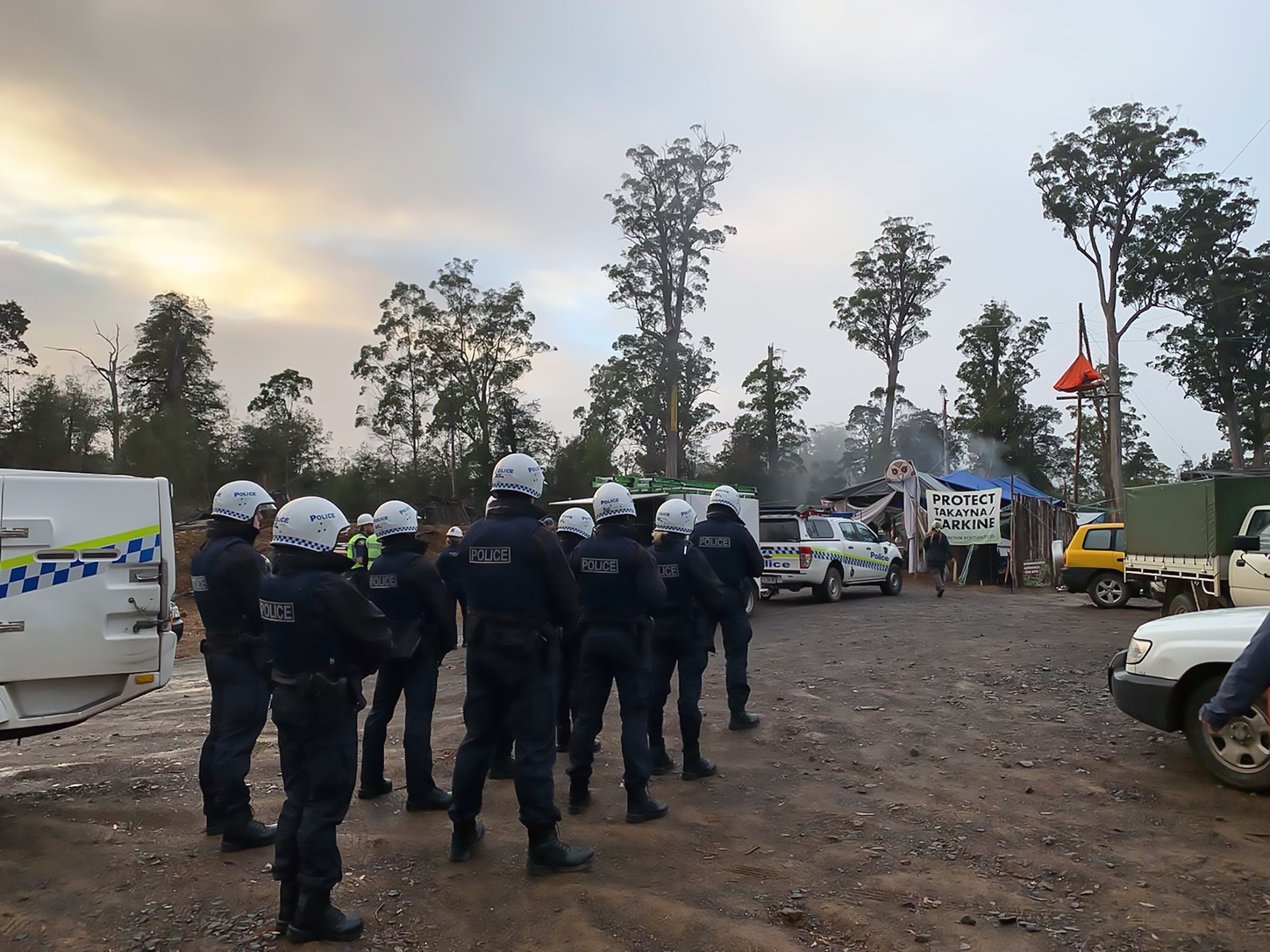 Police at the forest defenders’ camp at the Pieman River.