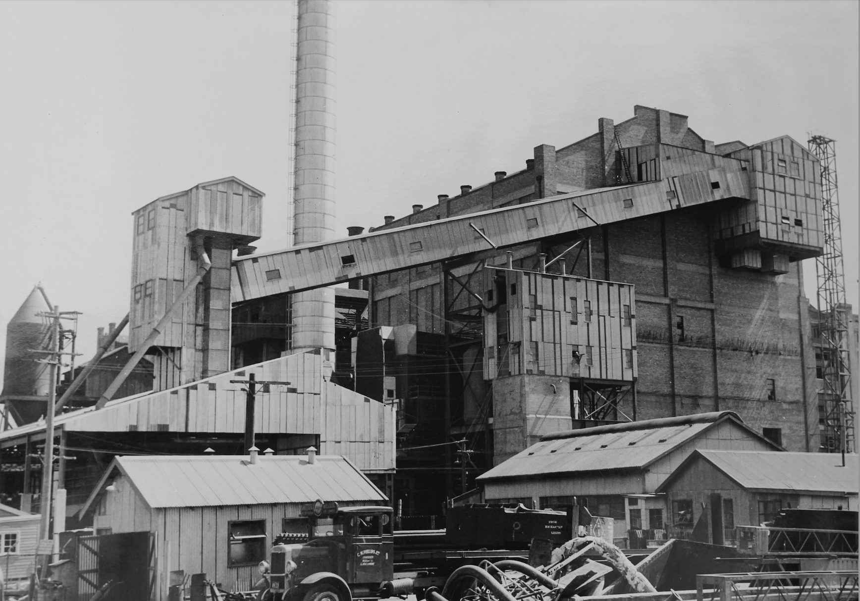 A black and white photograph of the White Bay Power Station.
