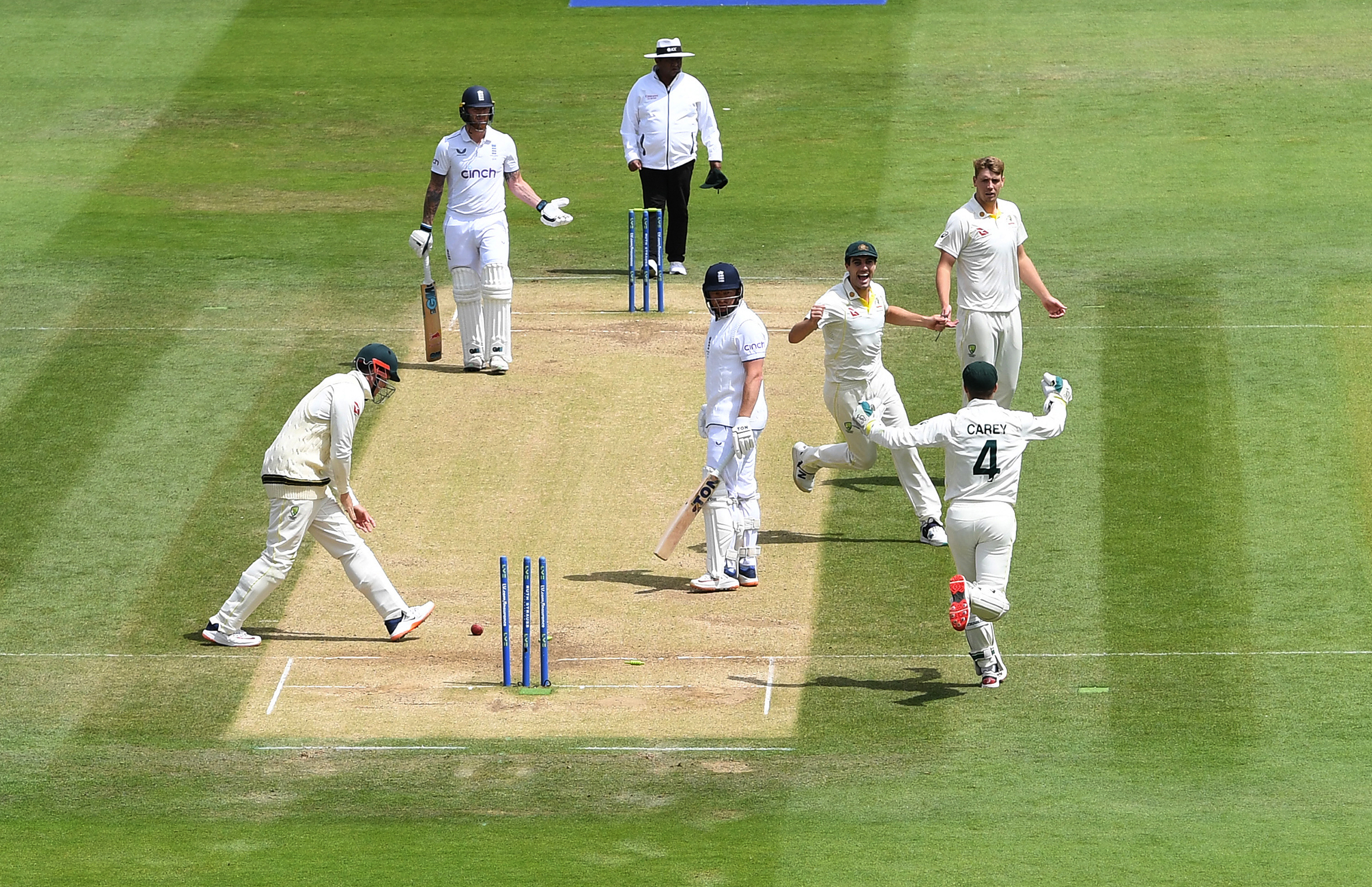 Australian players celebrate the stumping of Jonny Bairstow at Lord’s.