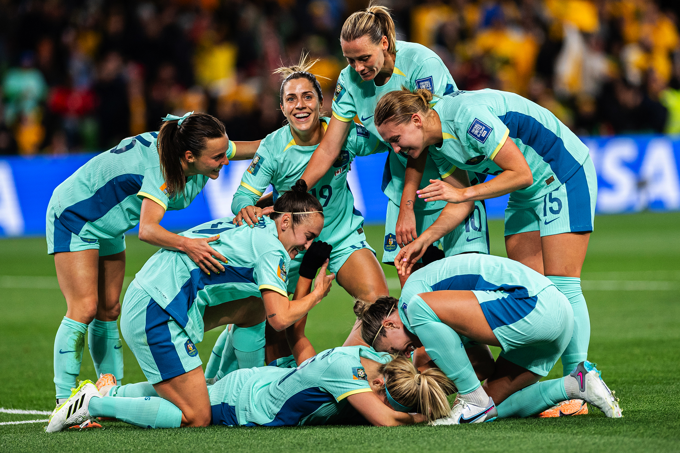 The Matildas celebrate Mary Fowler’s goal against Canada.