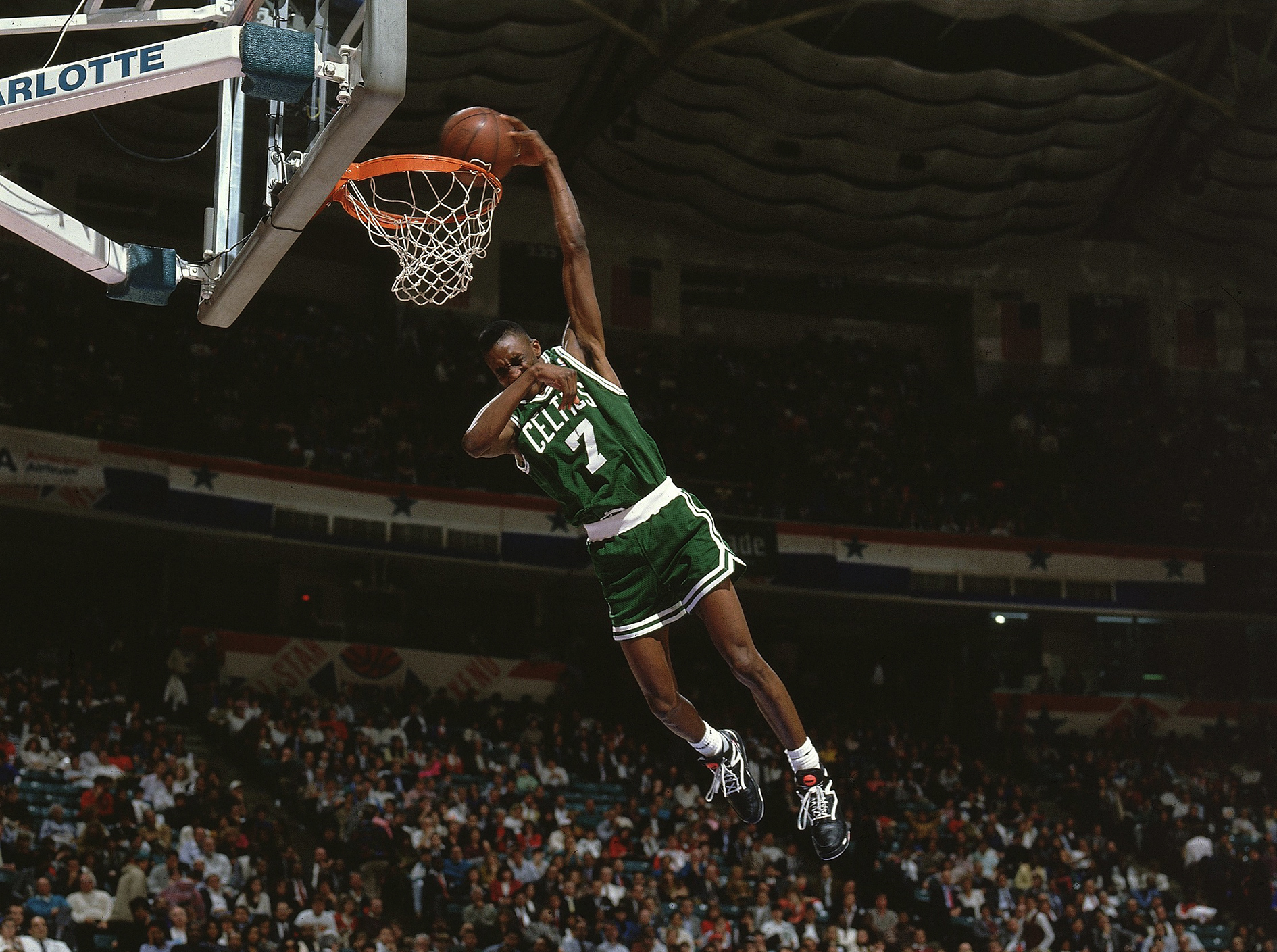 Dee Brown’s famous eyes-covered play during the 1991 NBA slam dunk contest.