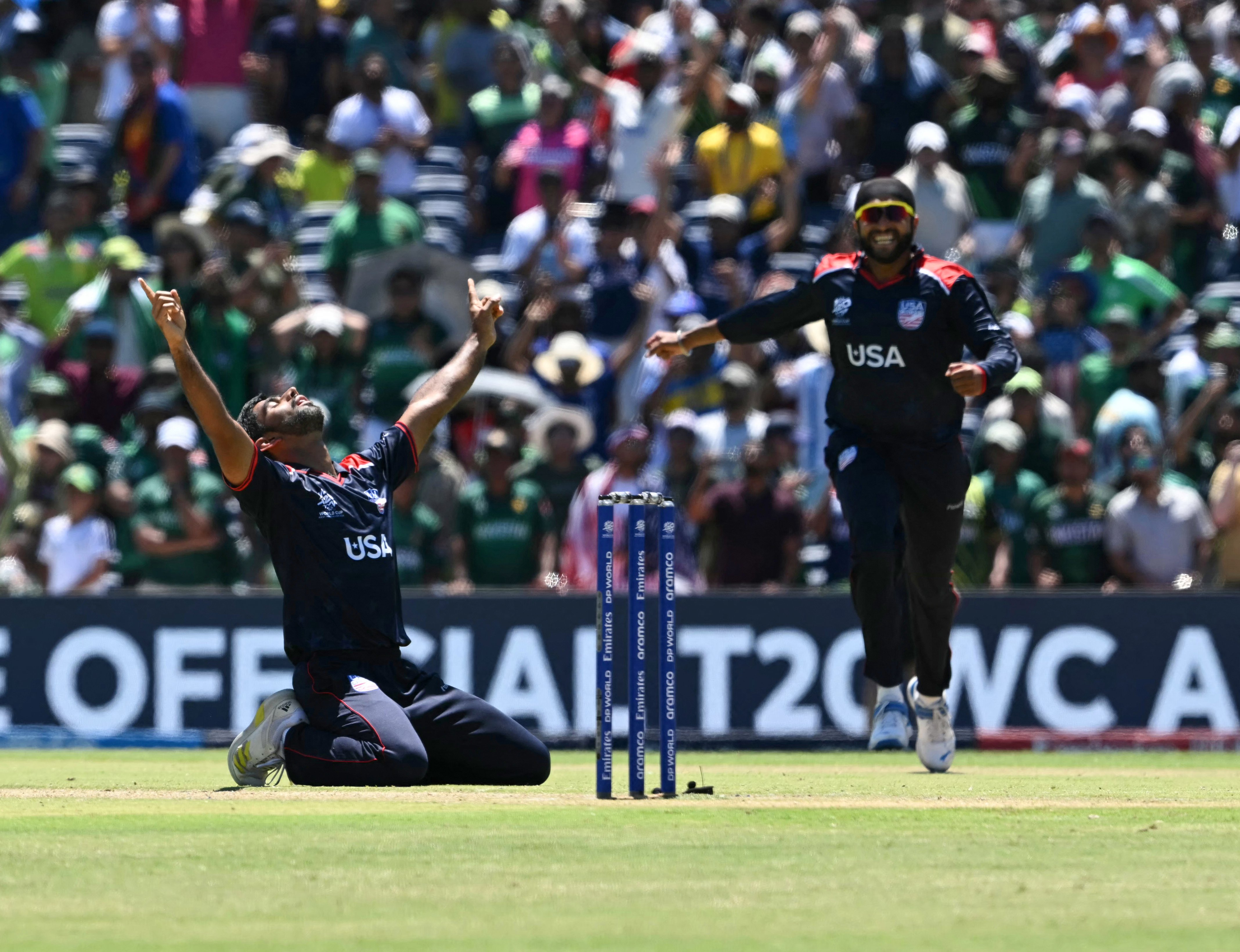 Fast bowler Saurabh Netravalkar celebrates USA’s T20 World Cup win against Pakistan in Texas on June 6.  