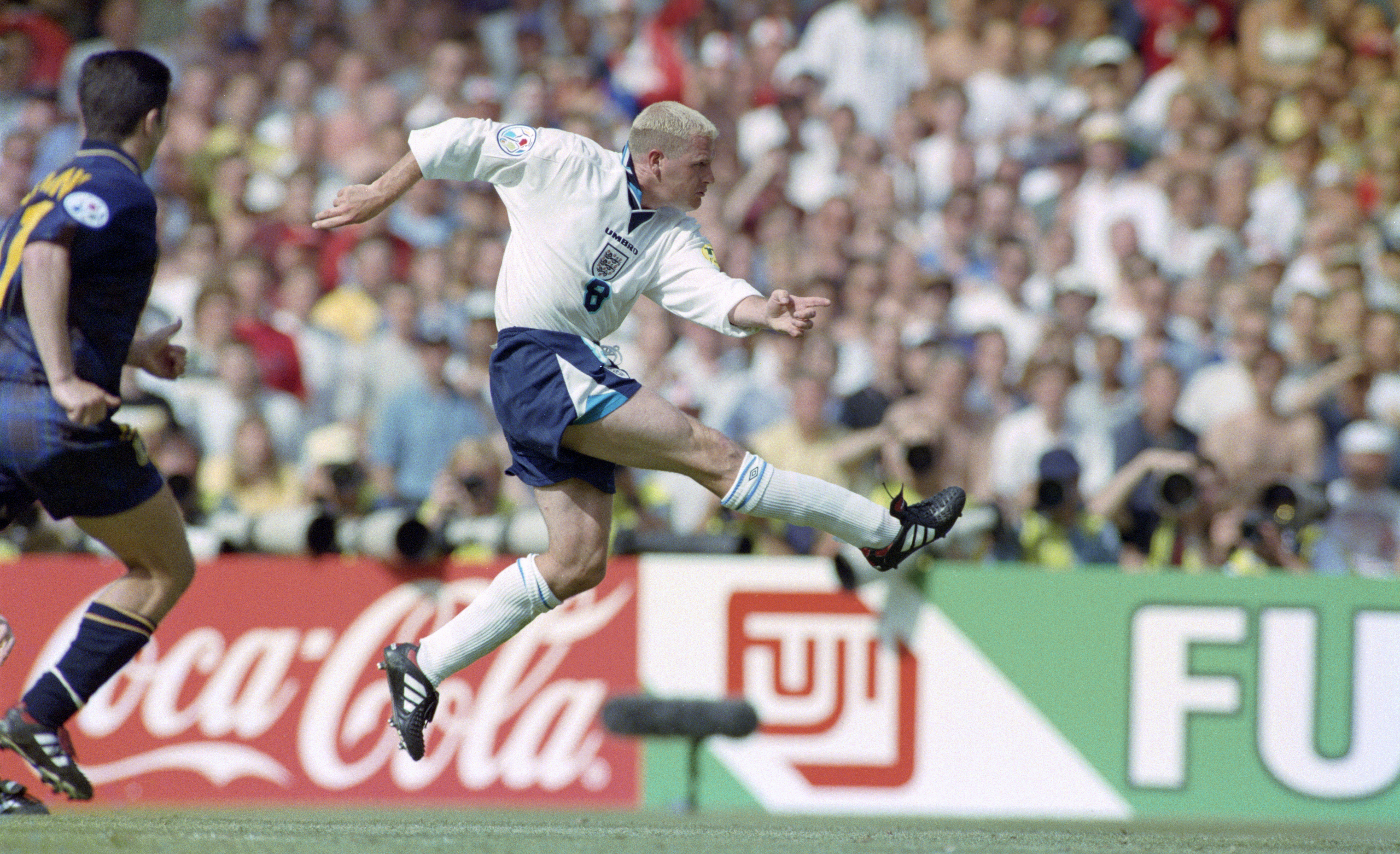 Paul Gascoigne volleys the ball for a stunning goal against Scotland in the 1996 Euros.