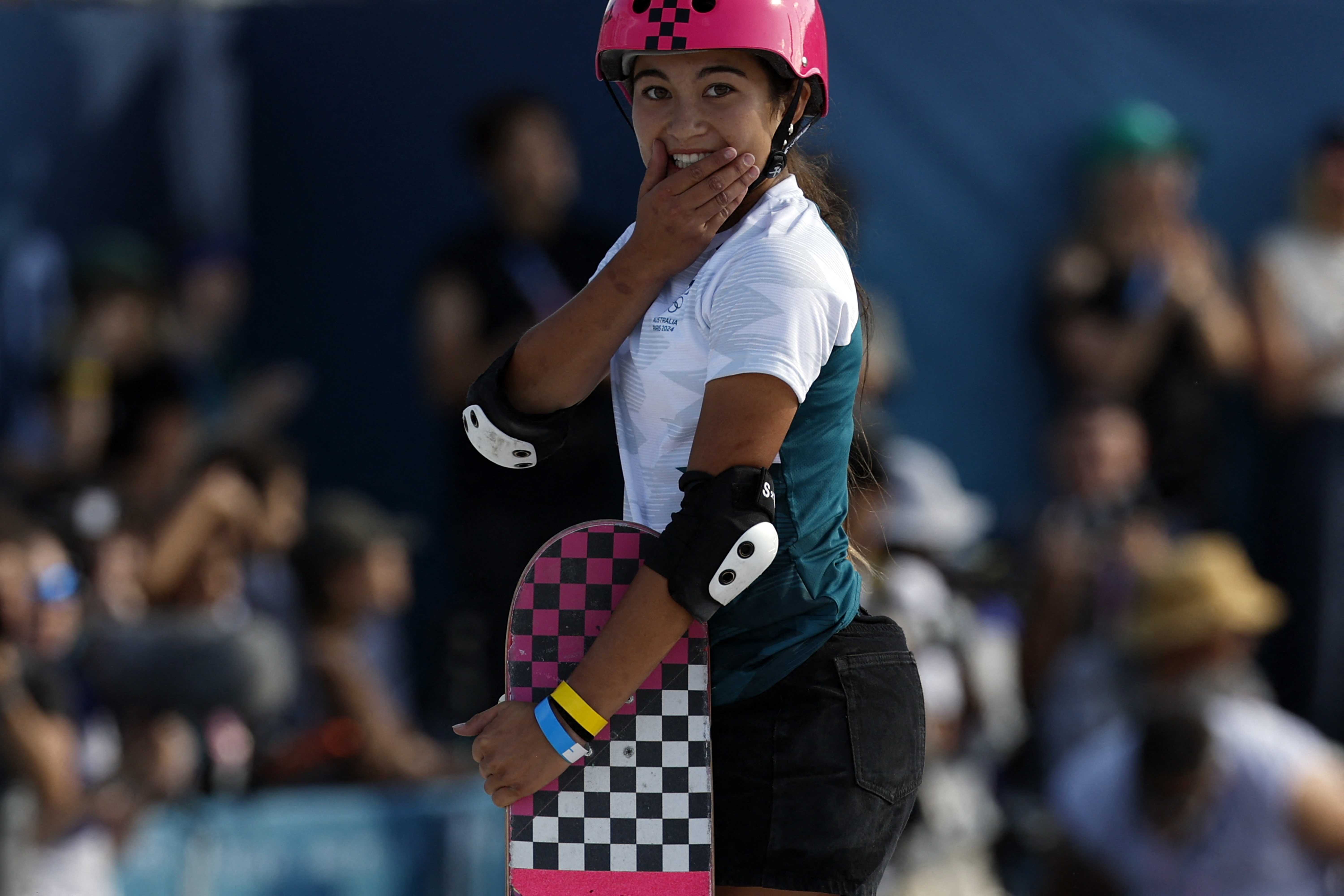 Gold medallist Arisa Trew, 14, during the Paris Olympics women’s park skateboarding final. 