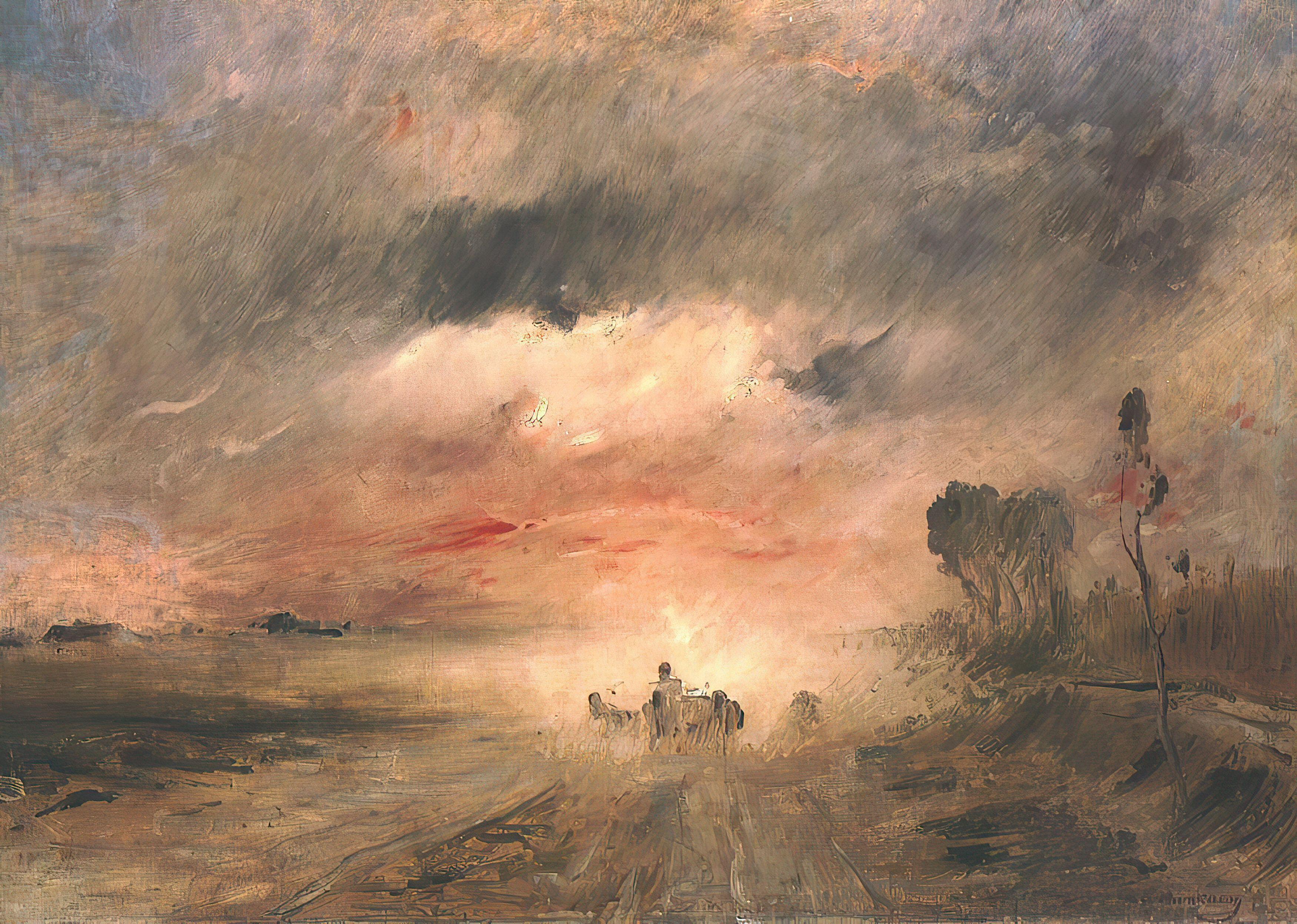 A landscape painting of a dusty road under a sunset.