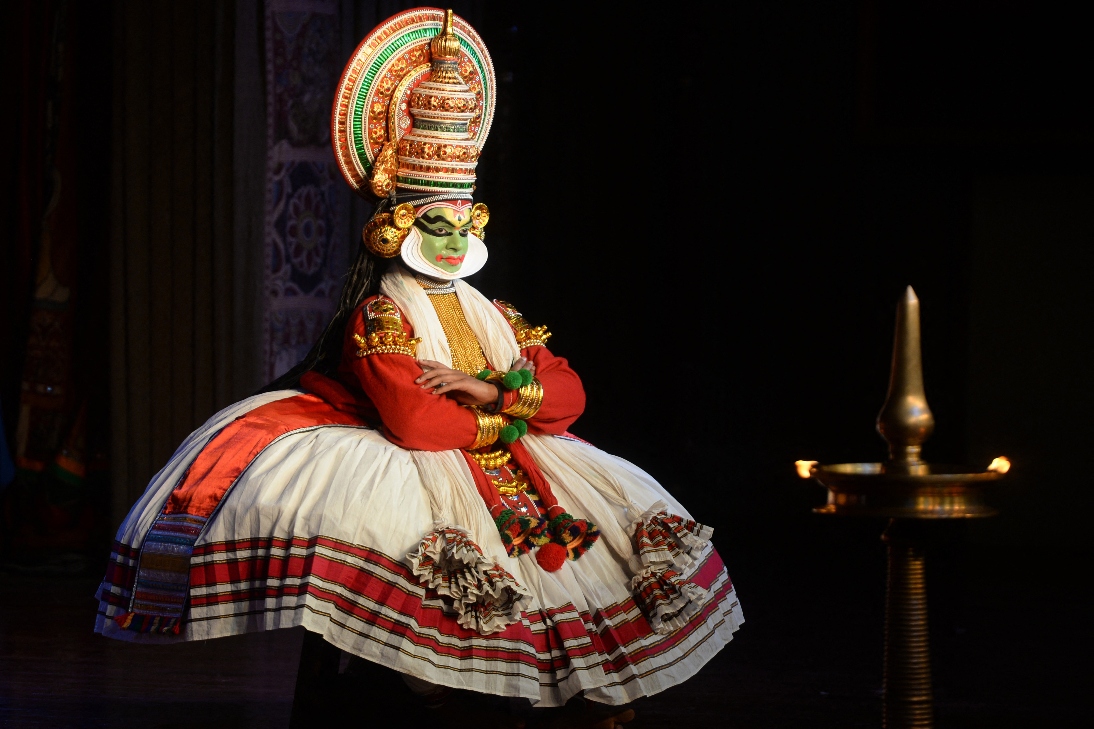 An Indian Kathakali artist performs.