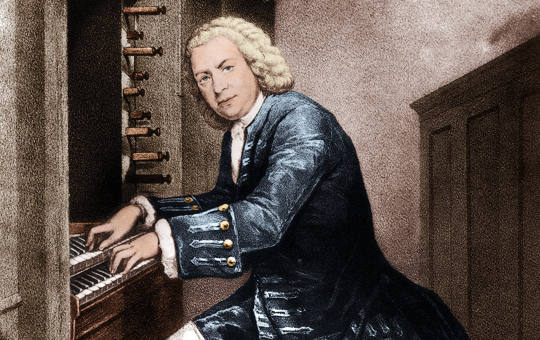 Illustration of Bach playing a piano.