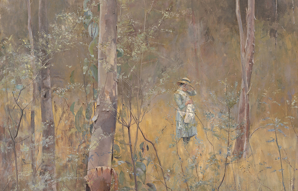 Painting of a woman standing in Australian bushland.