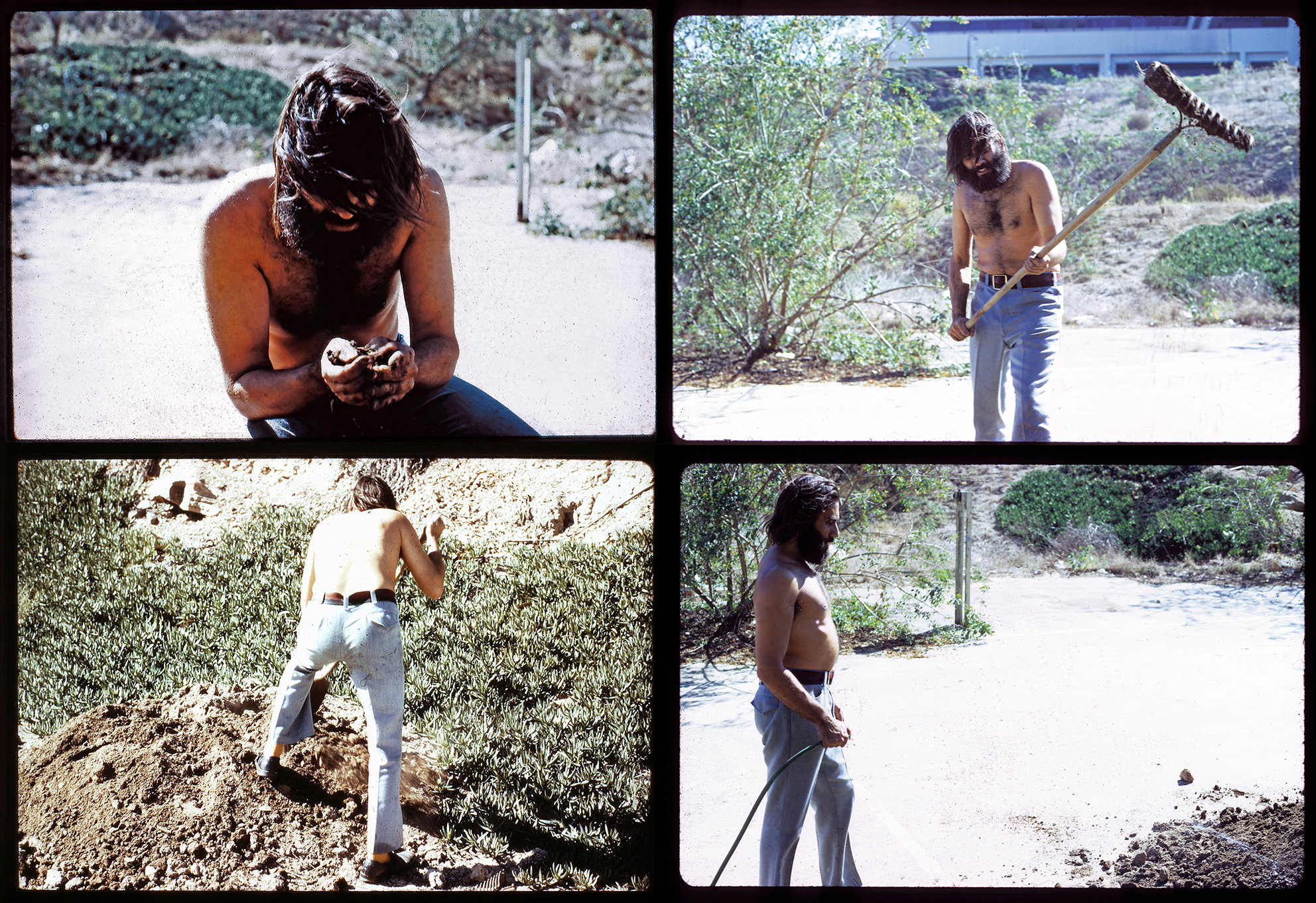A sequence of four photographs depicting a man sifting through a pile of dirt.