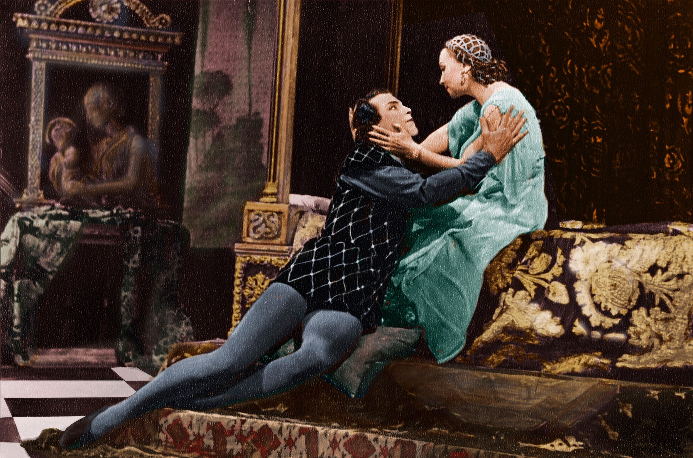 Actors on stage performing an intimate scene from Romeo and Juliet