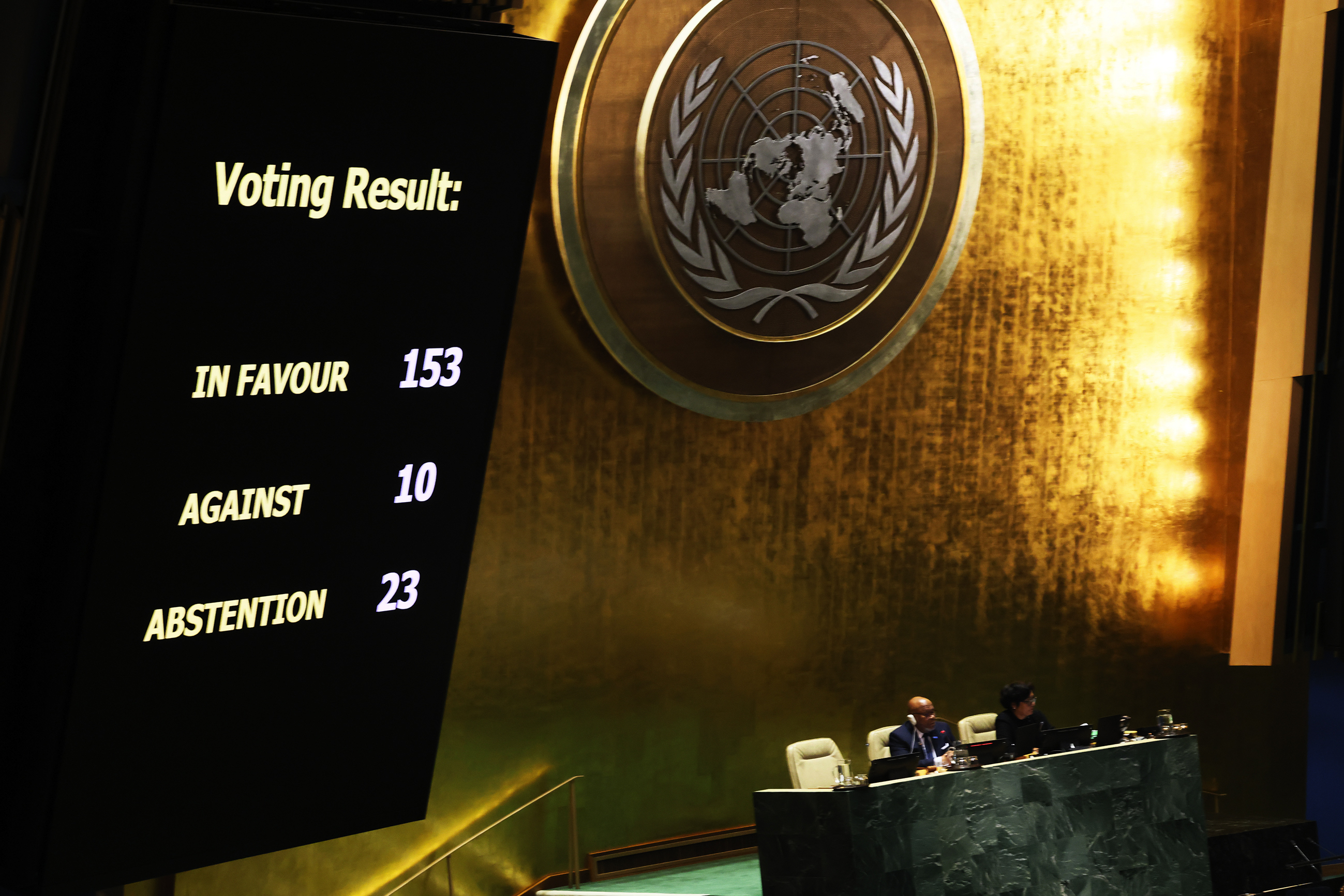 The results of a draft resolution vote on the Israel–Hamas war at the UN General Assembly headquarters.