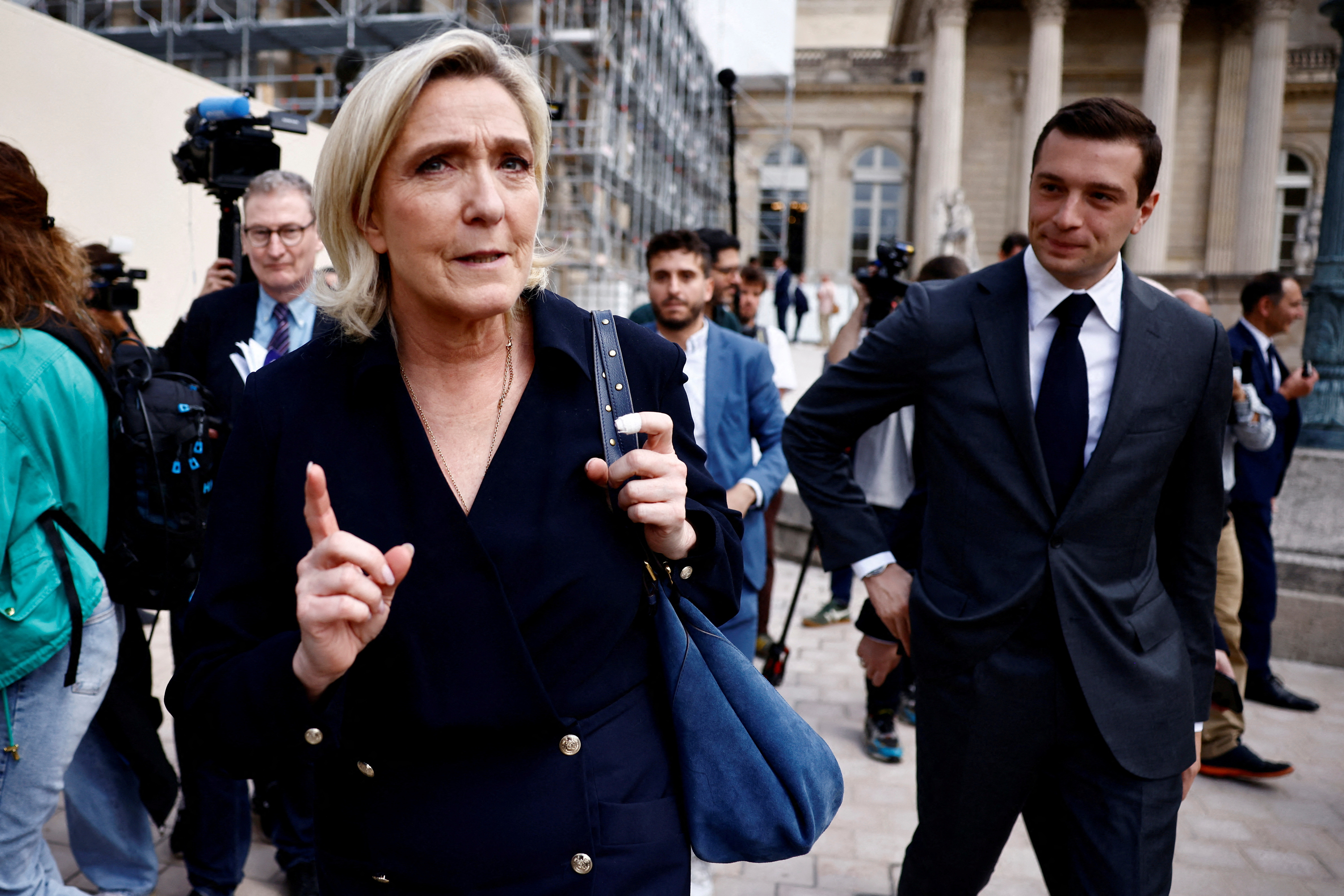 National Rally leader Marine Le Pen and party president Jordan Bardella in Paris after the second round of the French parliamentary elections. 