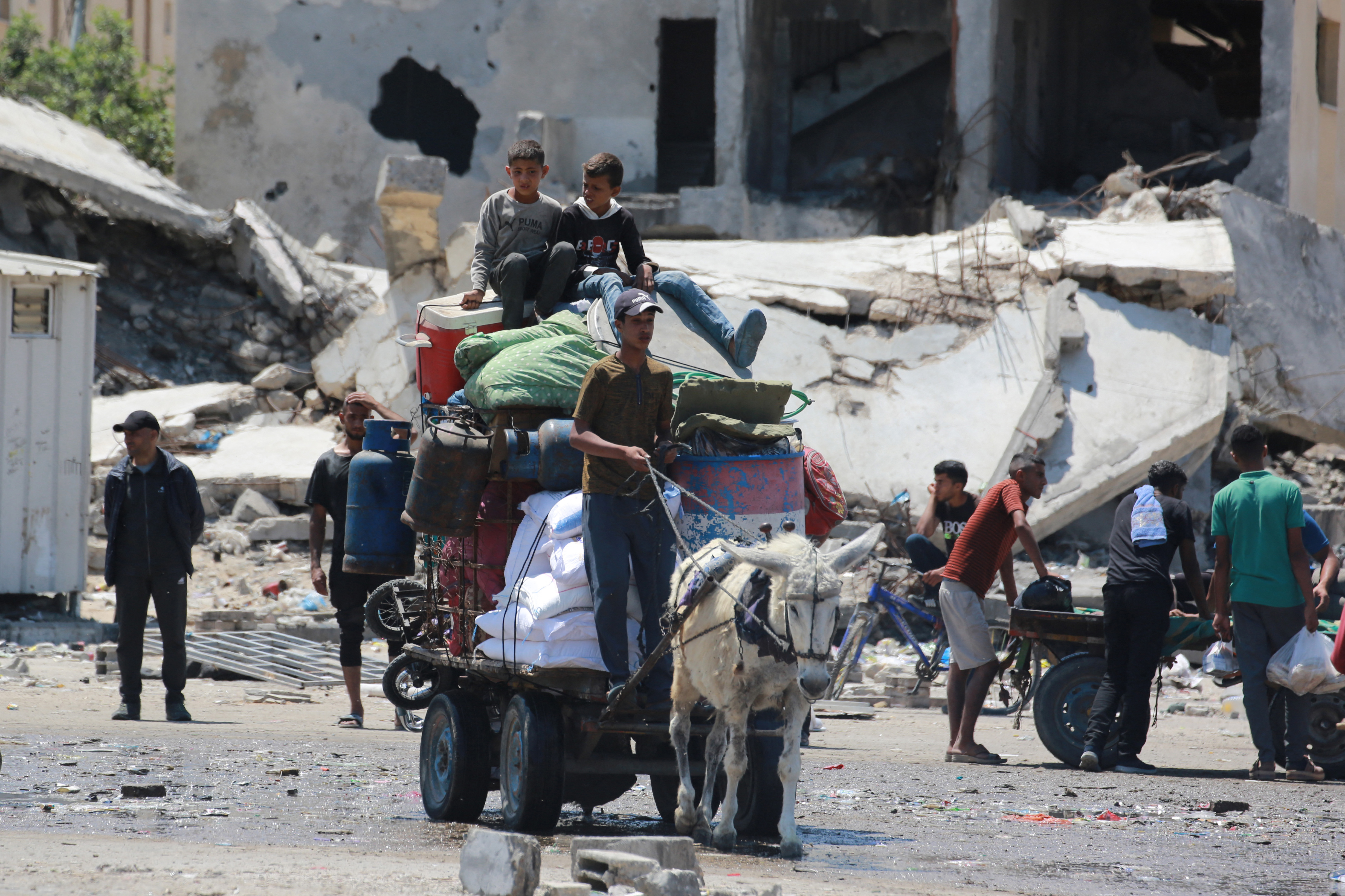 Palestinians flee Rafah carrying their belongings with a donkey-drawn cart. 
