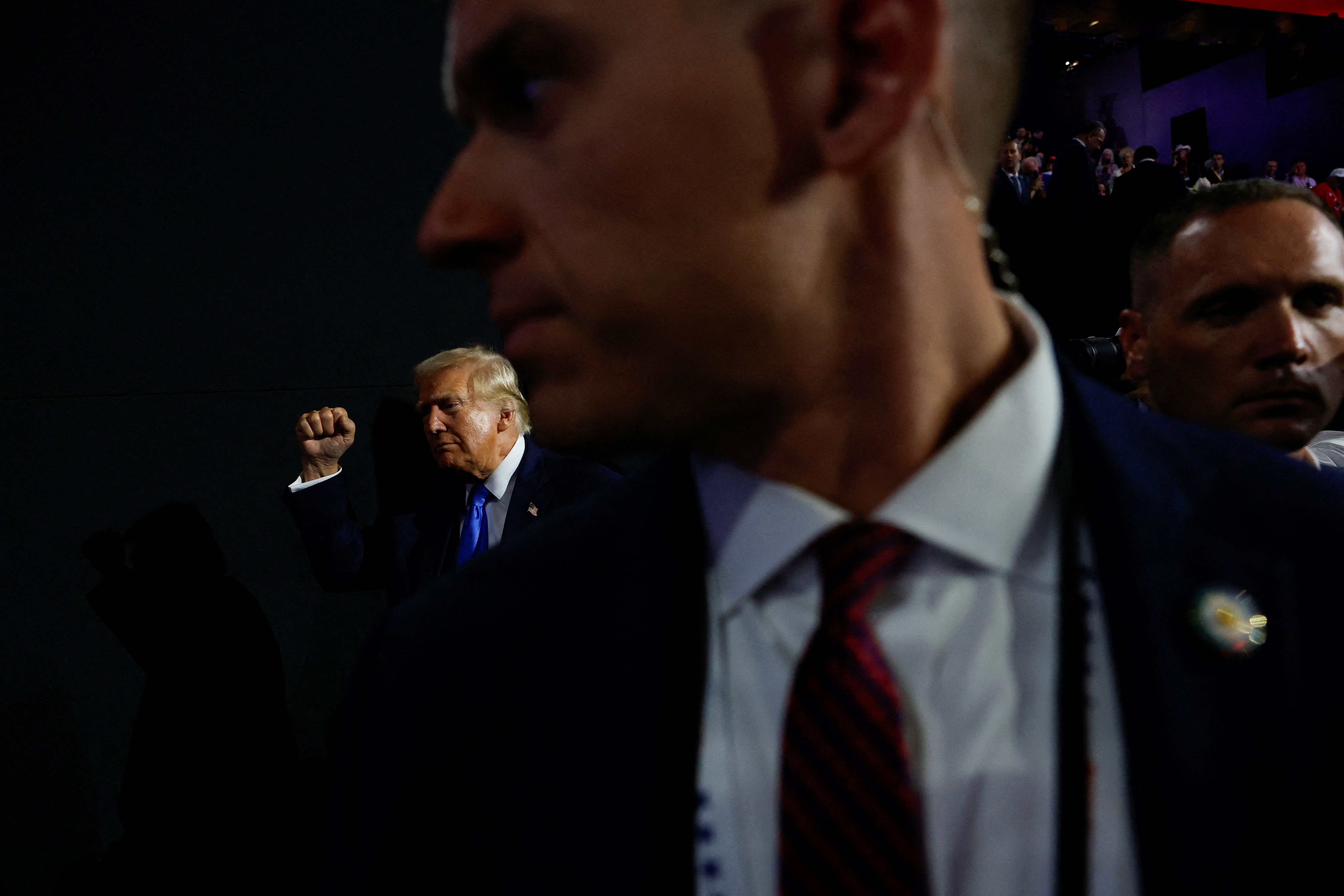 Secret Service agents surround former US president Donald Trump at the Republican National Convention.