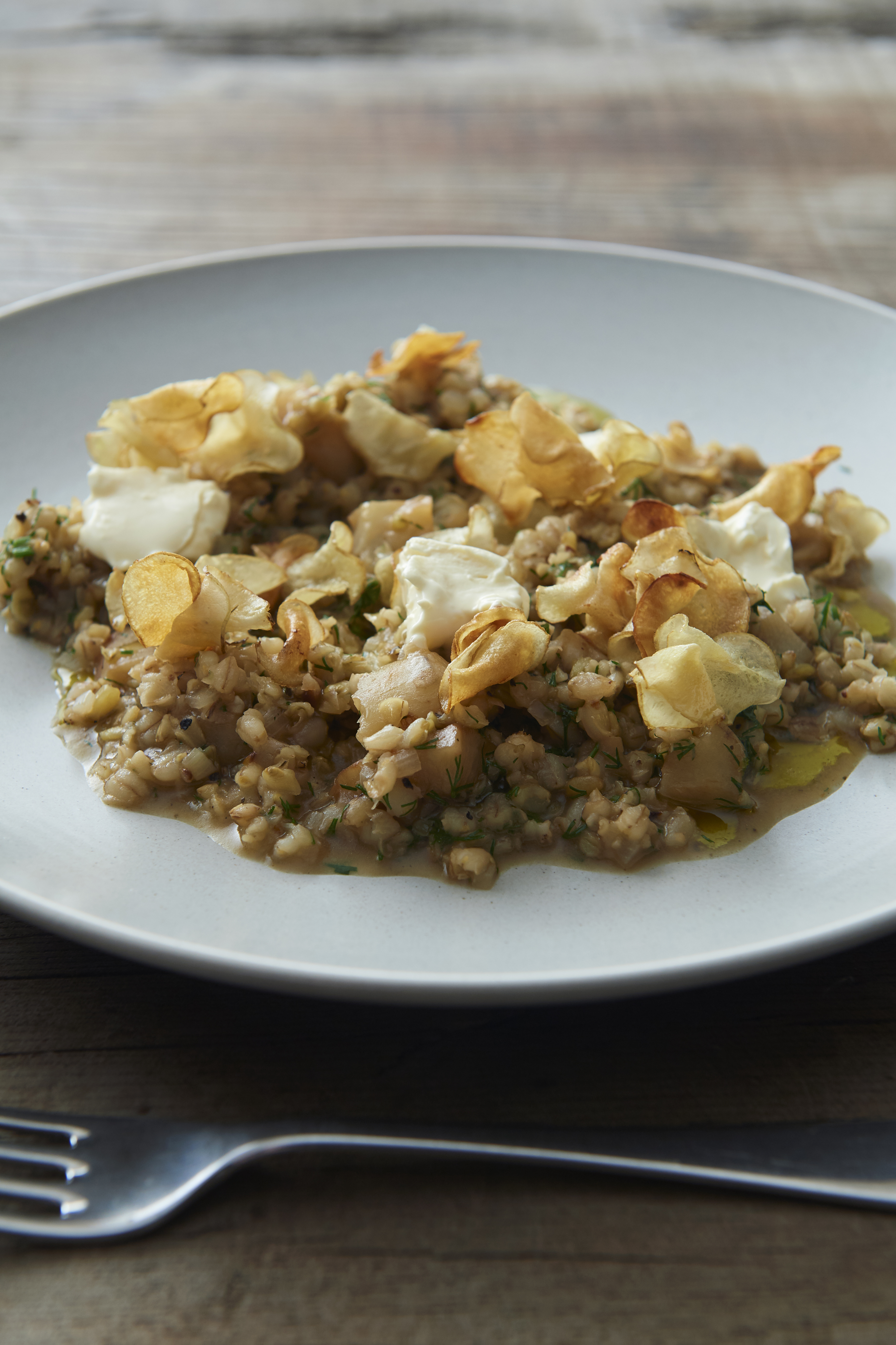 Pearled barley and freekeh with roasted Jerusalem artichokes and ricotta