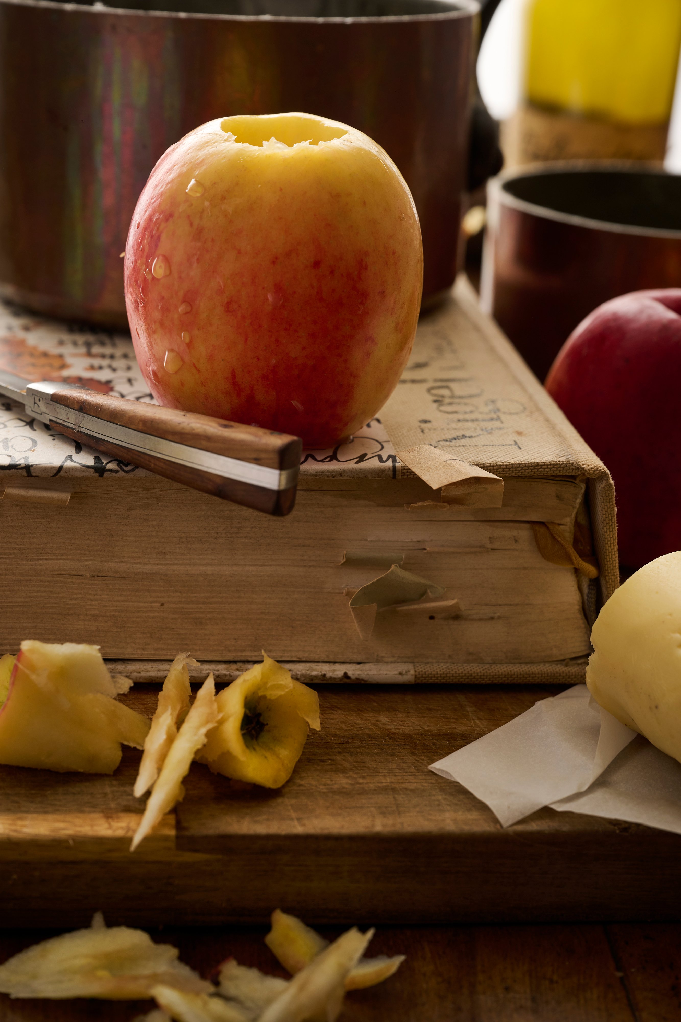 Fruit mince-stuffed apples with calvados custard
