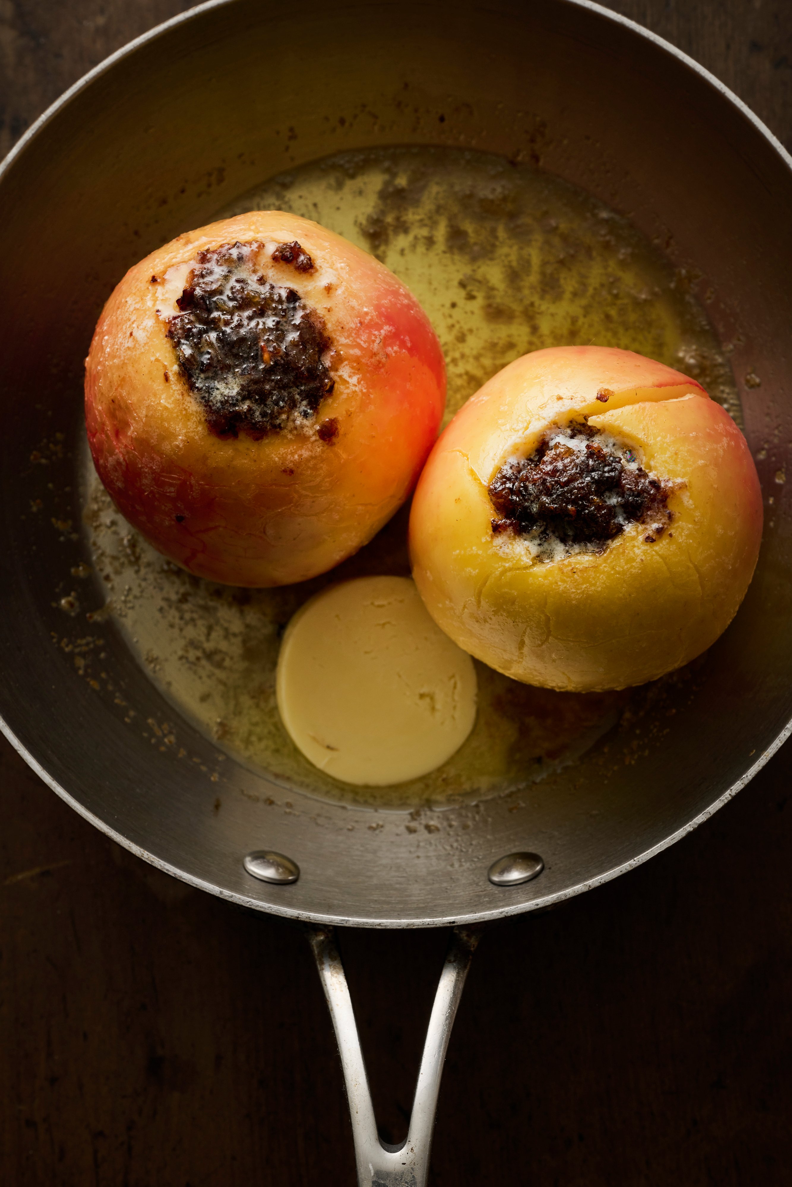 Fruit mince-stuffed apples with calvados custard