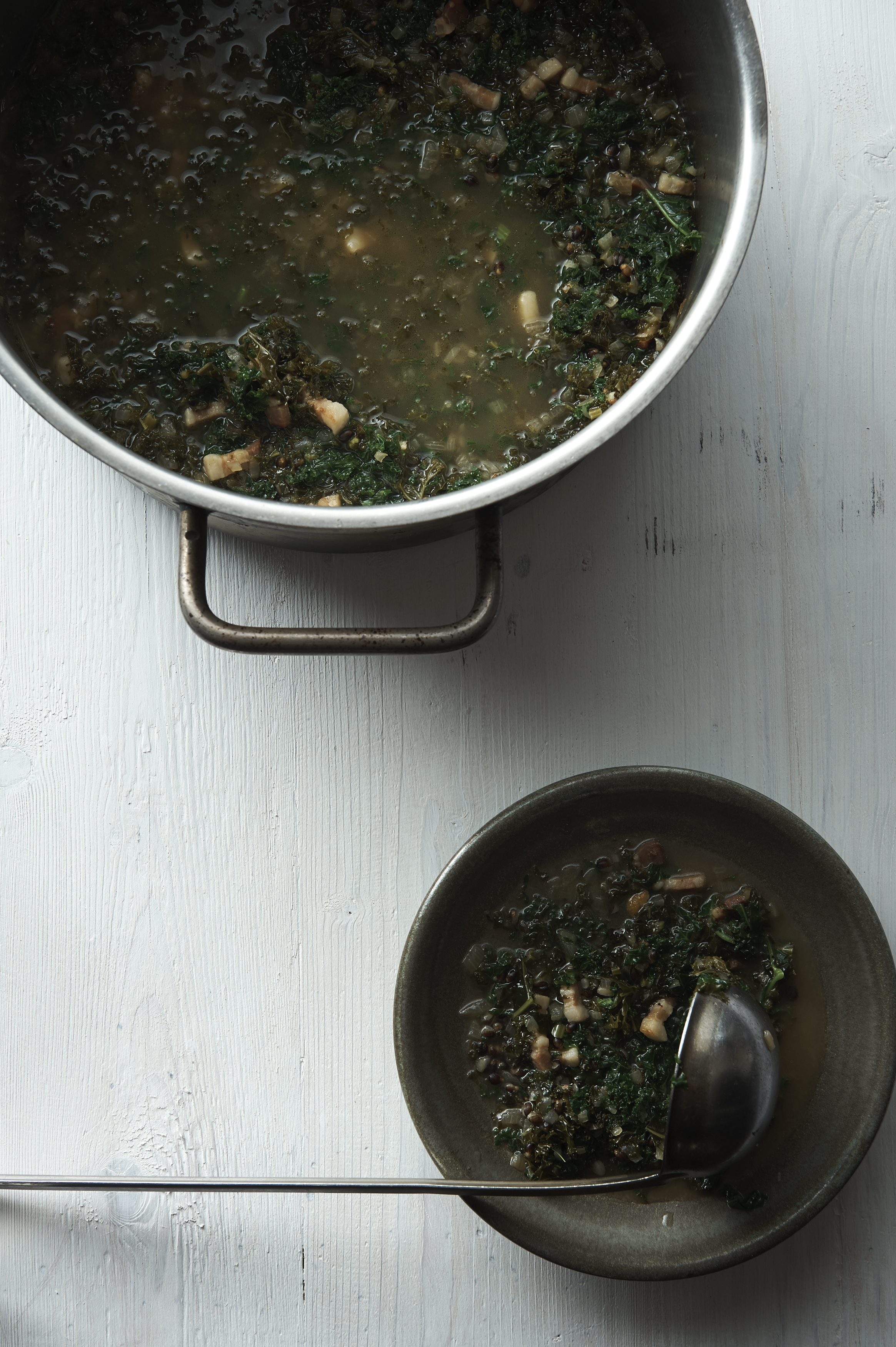 Kale, black barley and bacon soup