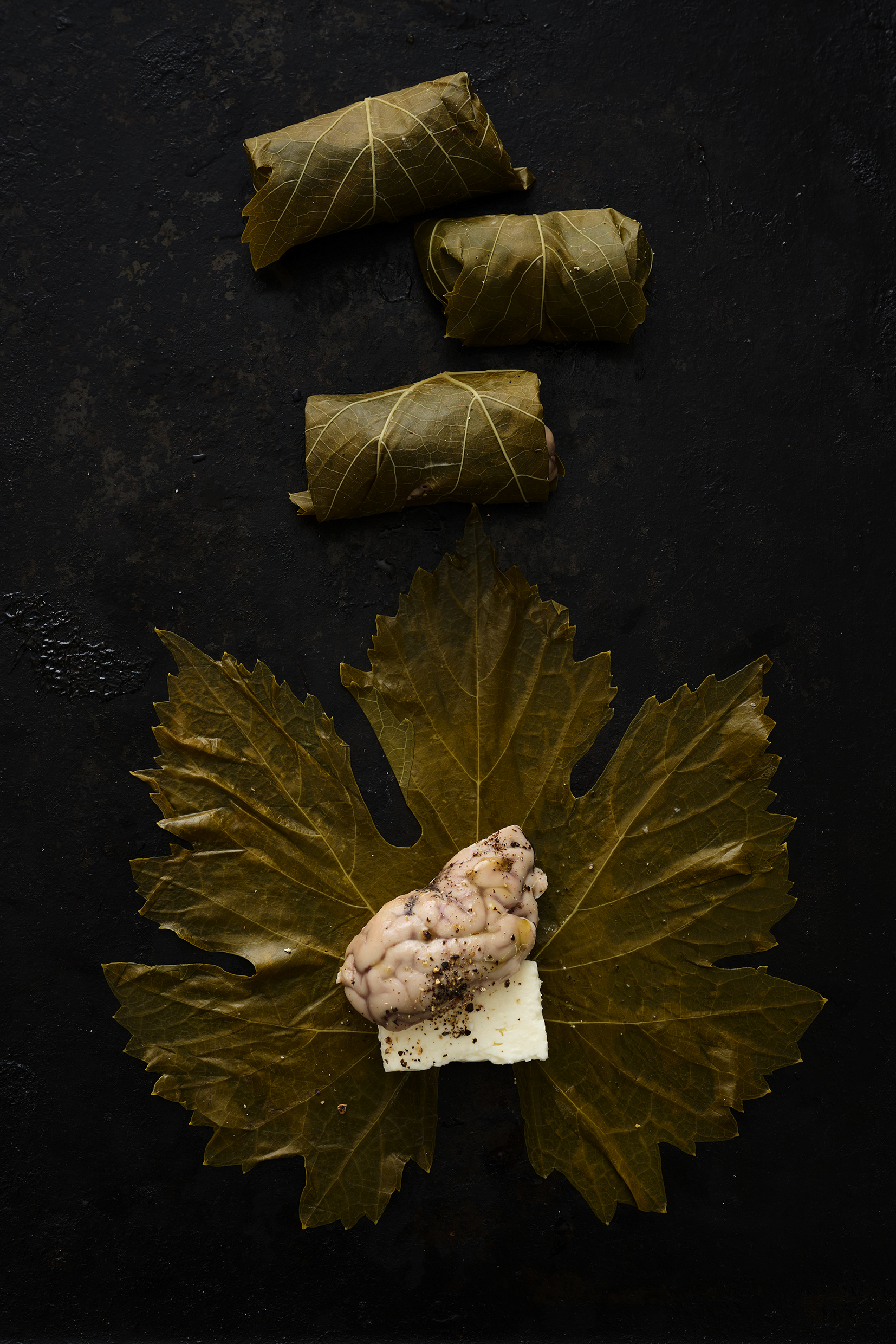 Vine leaf, feta and lamb’s brain fritters
