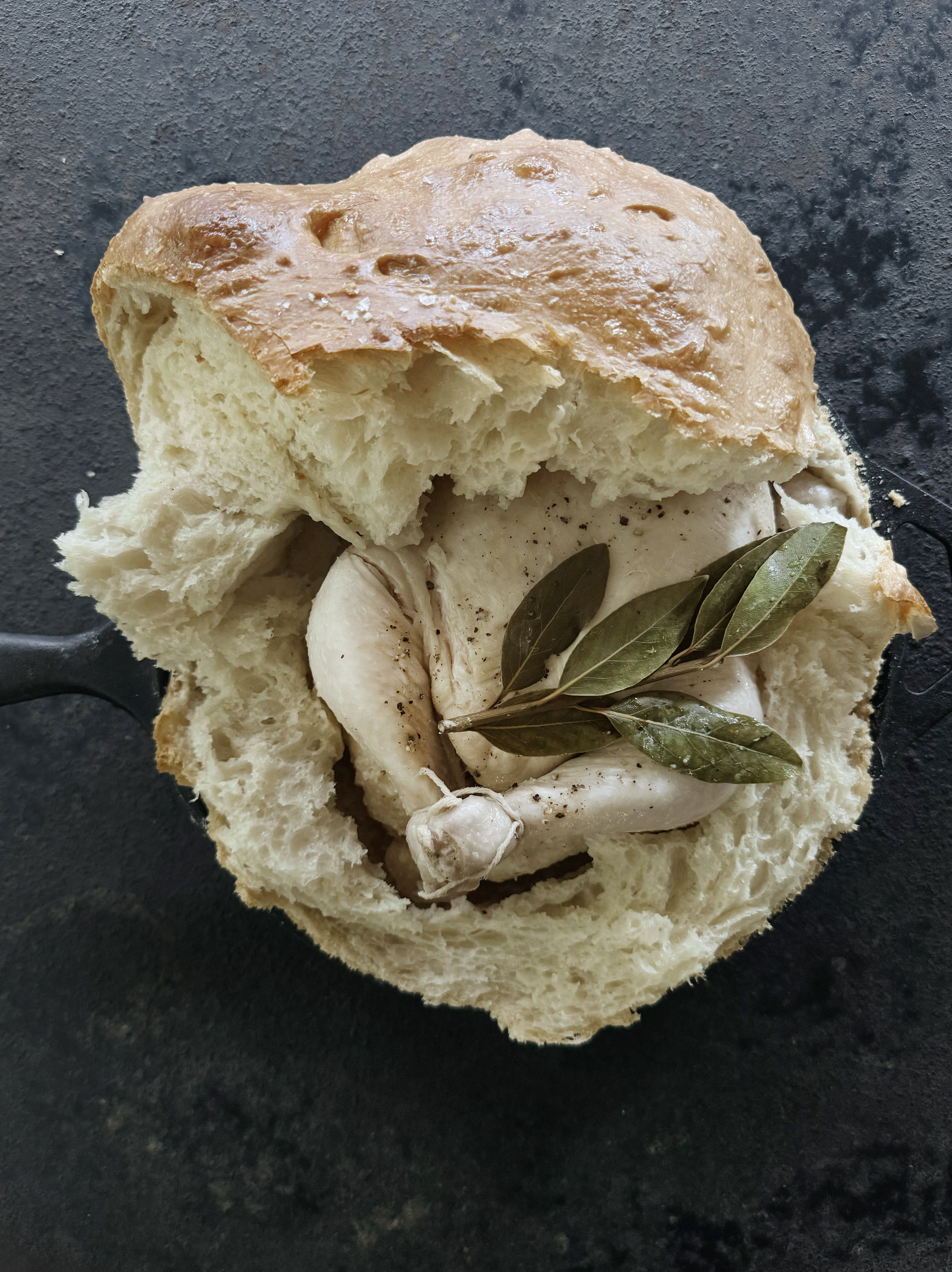 Chicken baked in bread