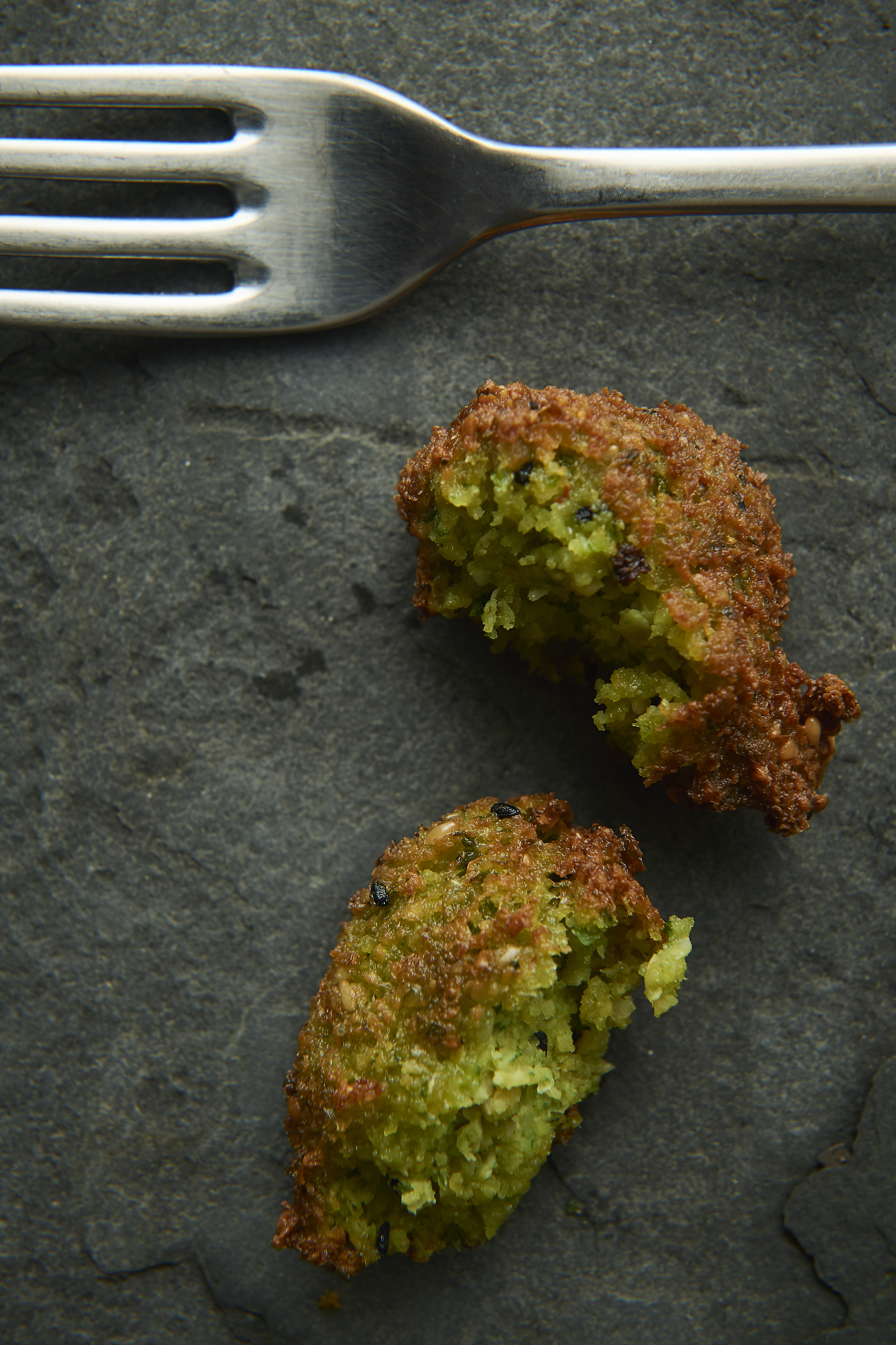 Broad bean falafel with tahini dressing and salad