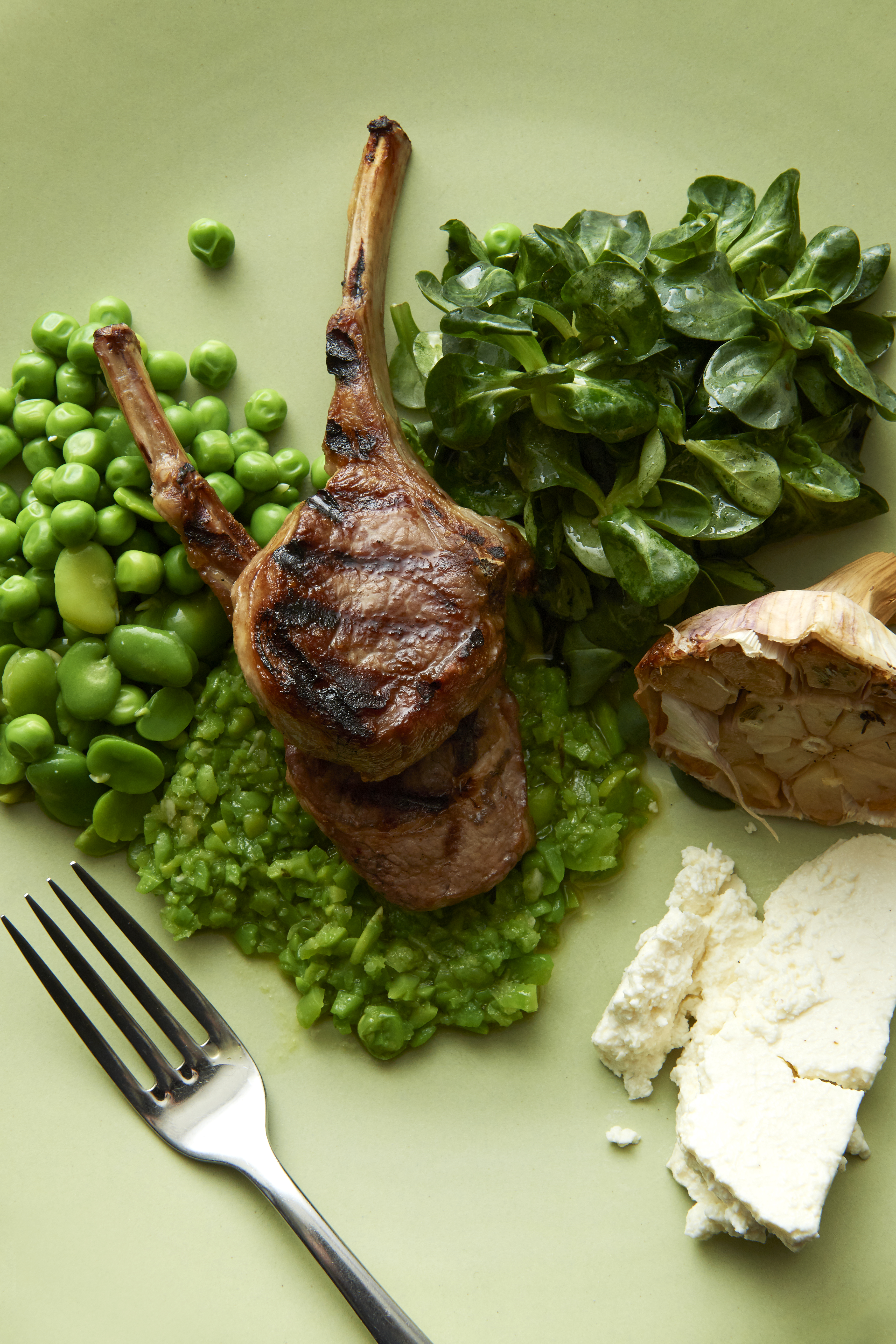 Lamb cutlets and selected spring greens