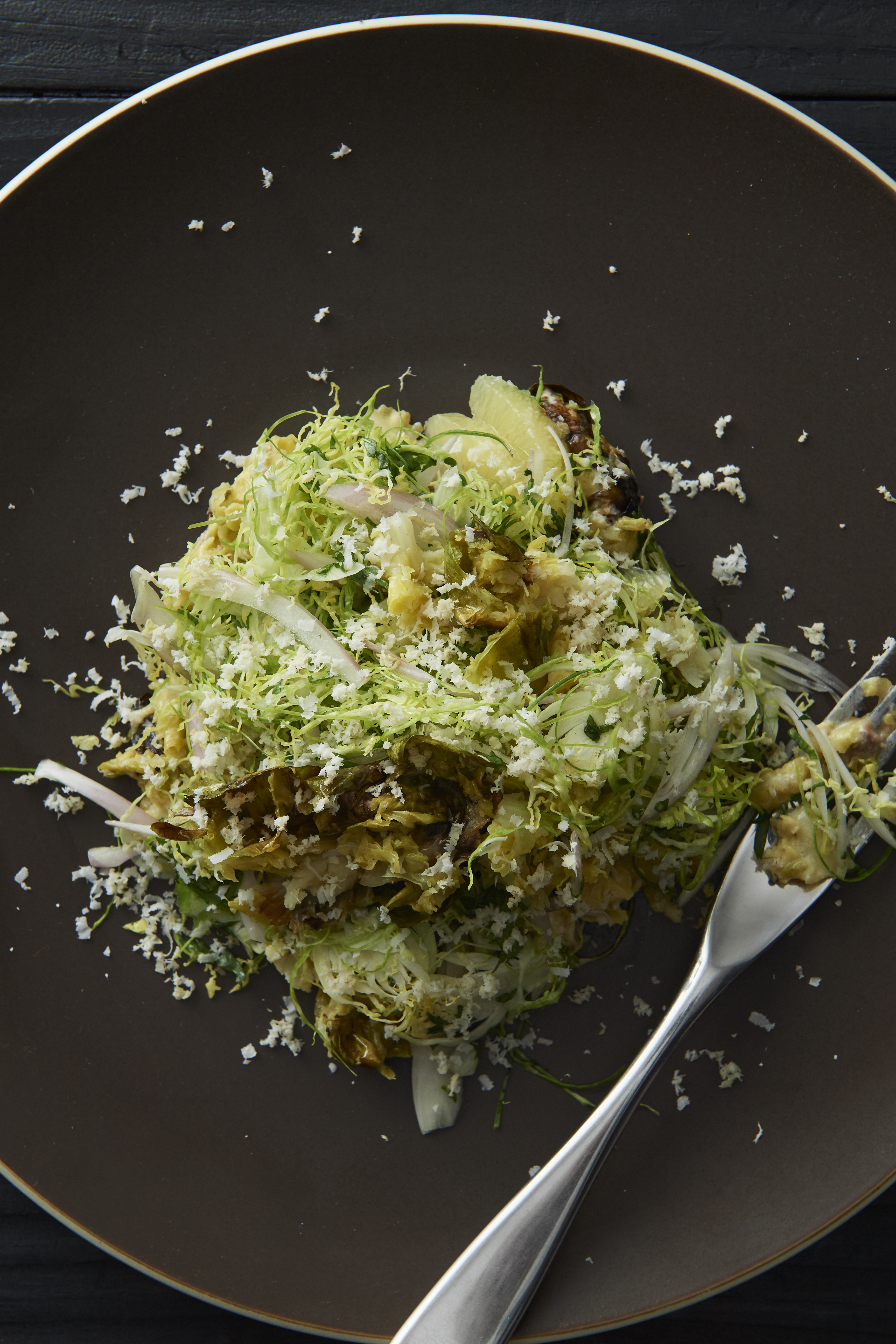 Roasted and raw brussels sprout salad with anchovy