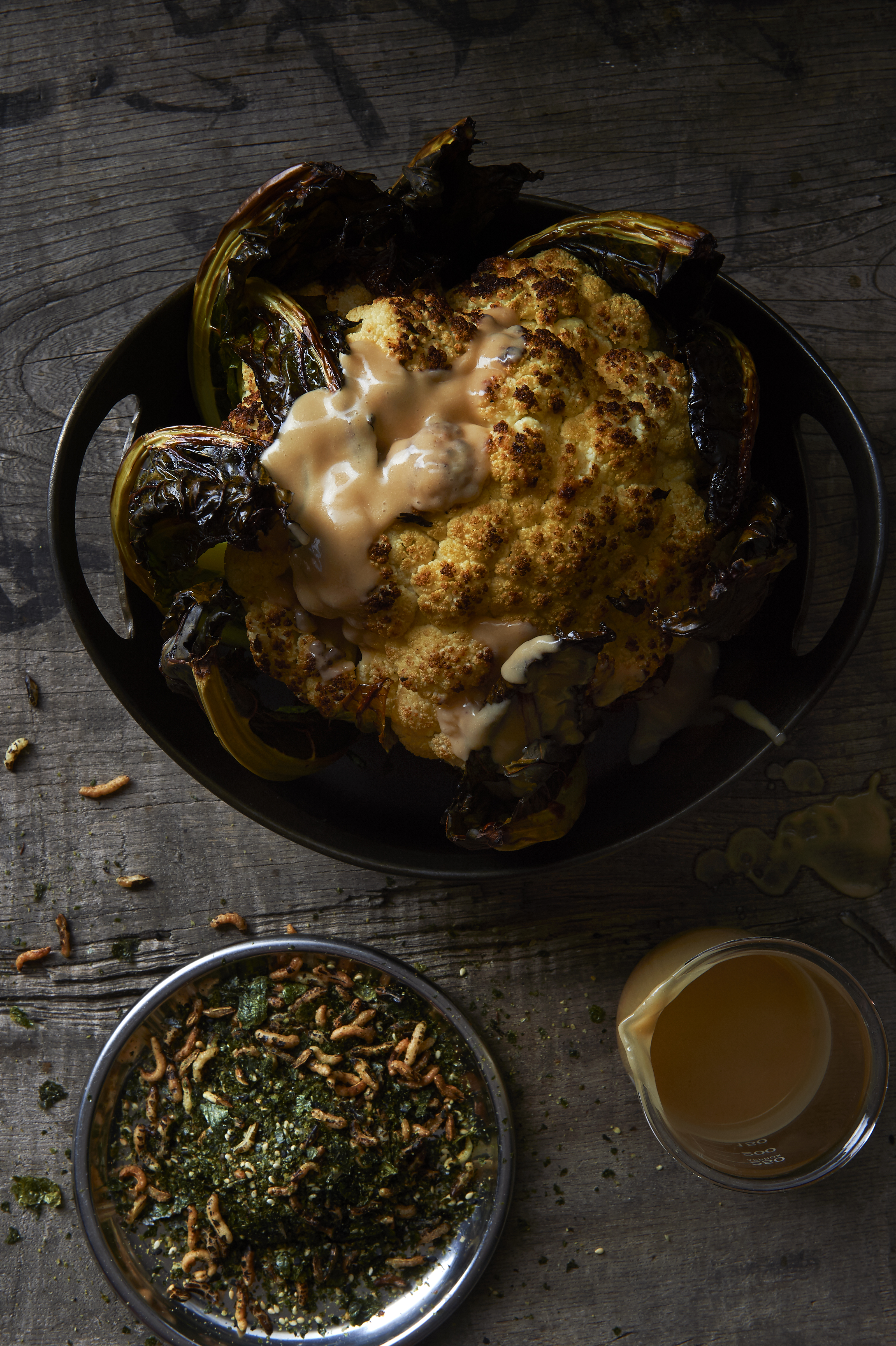 Whole roasted cauliflower, white miso and furikake