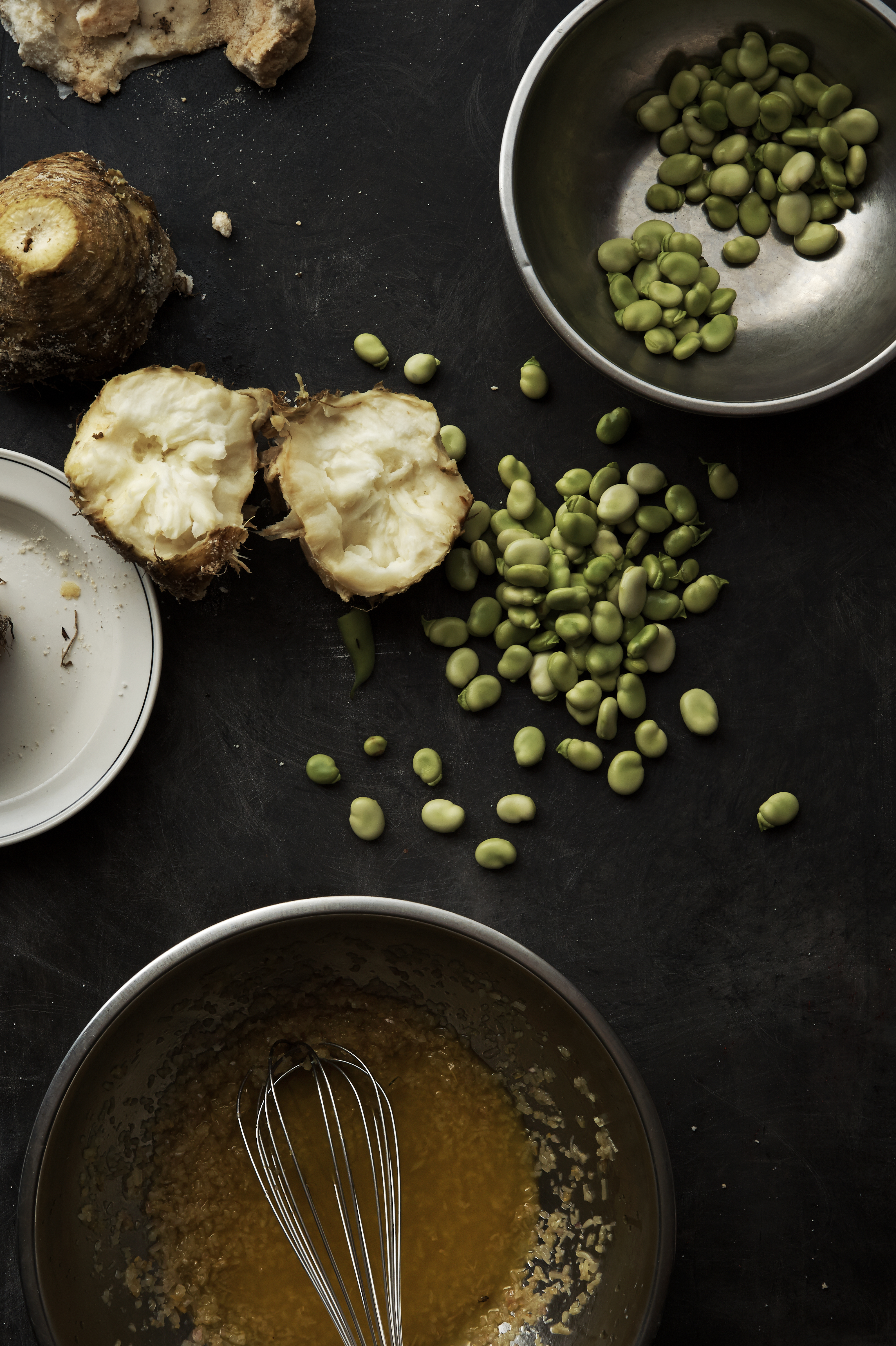Salt-baked celeriac, broad beans and preserved lemon